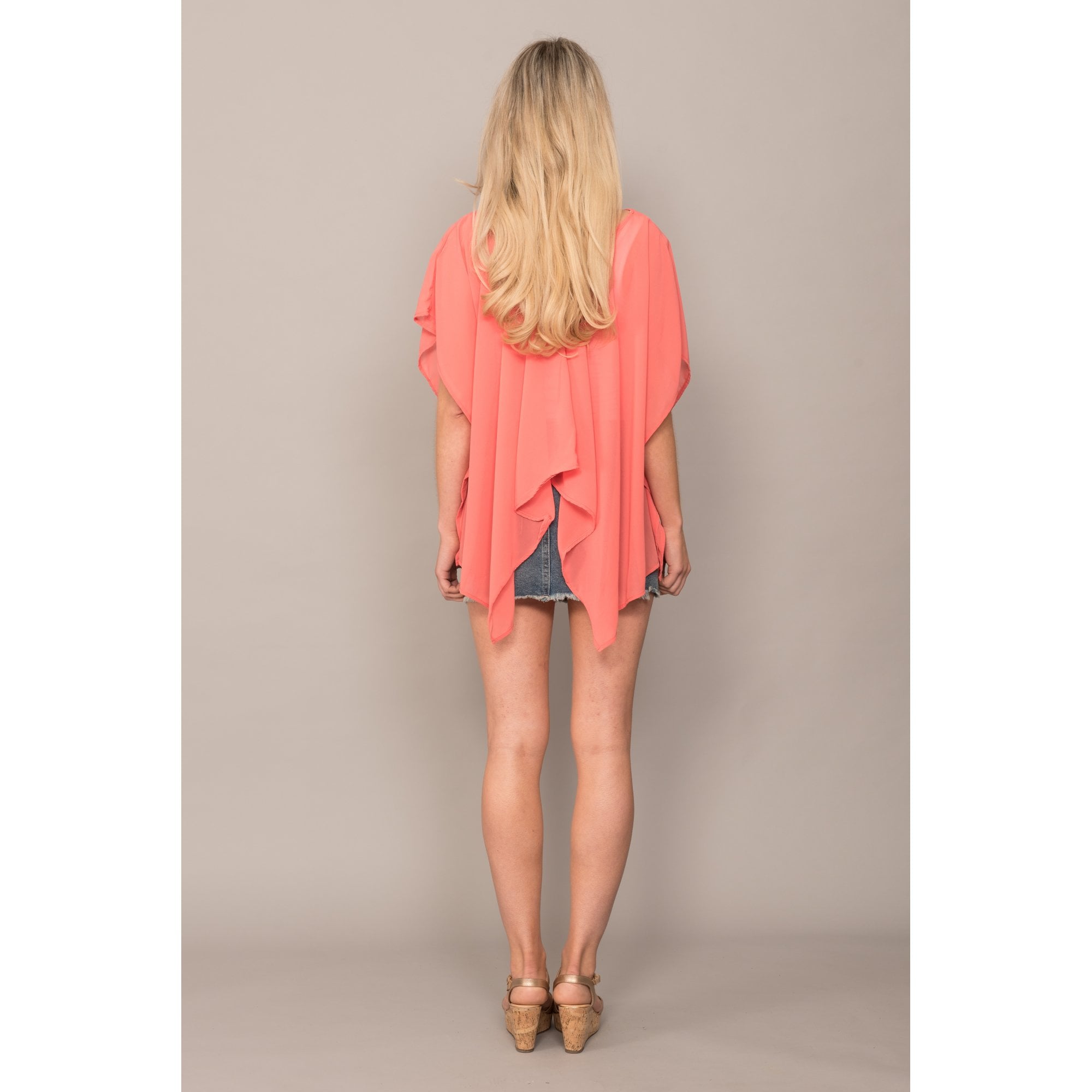 Rina coral chiffon waterfall back top
