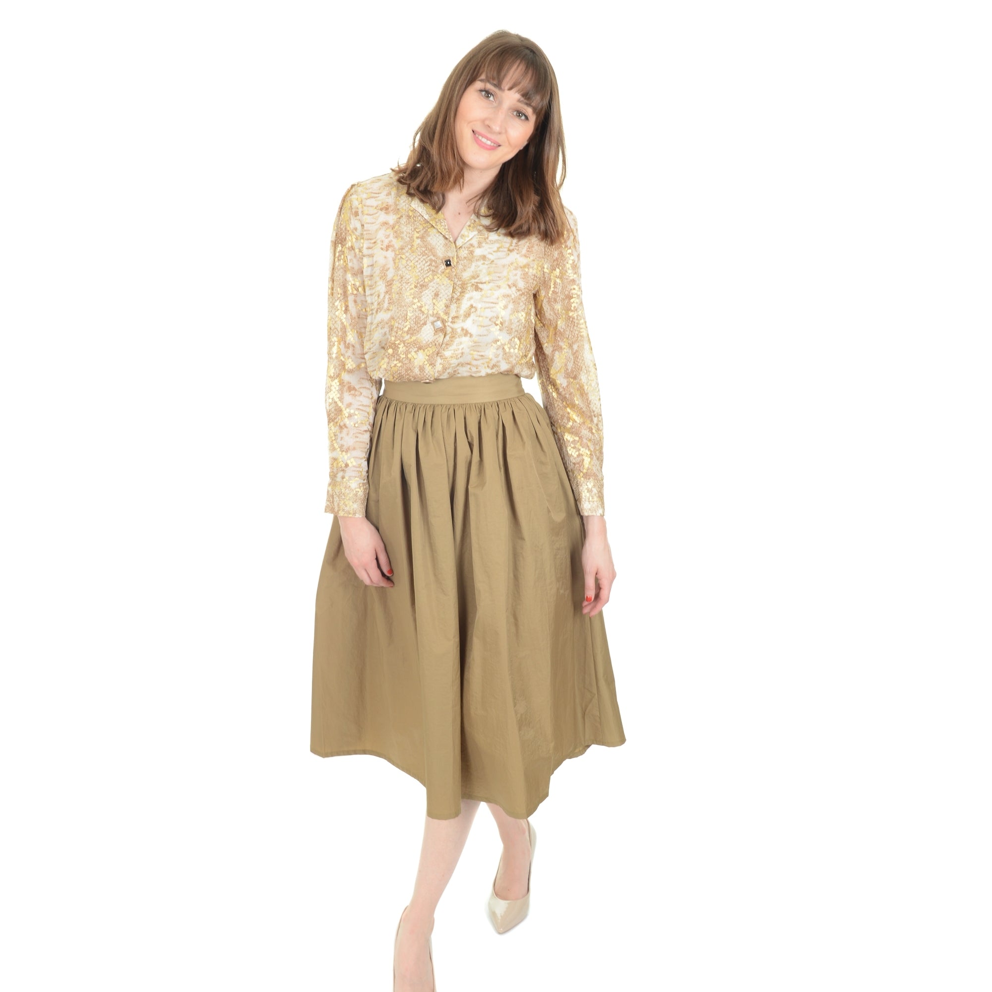 Zoe gold colour cotton mix high waist calf length skirt