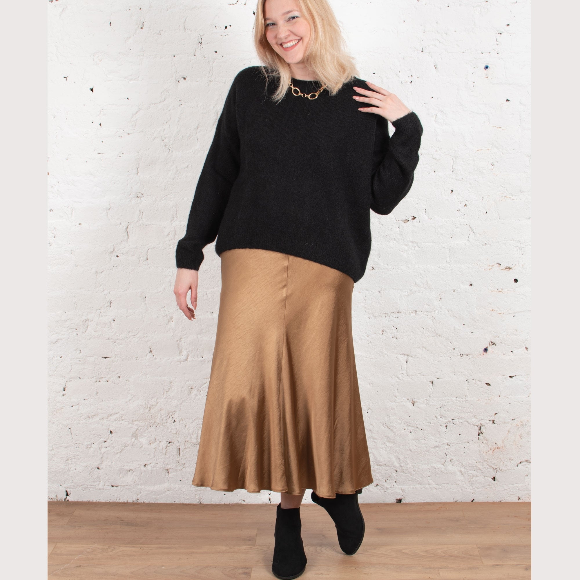 Jacinthe bronze bias cut midi length satin skirt