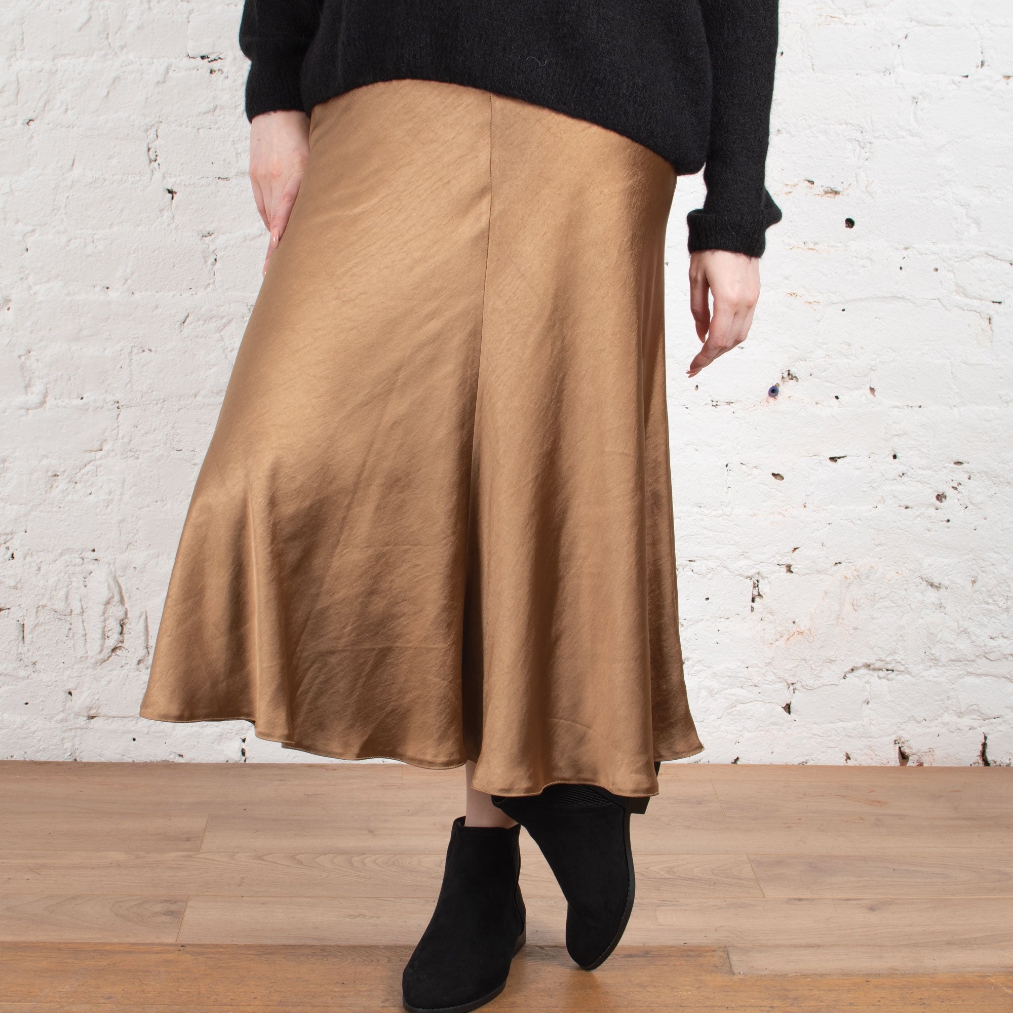 Jacinthe bronze bias cut midi length satin skirt