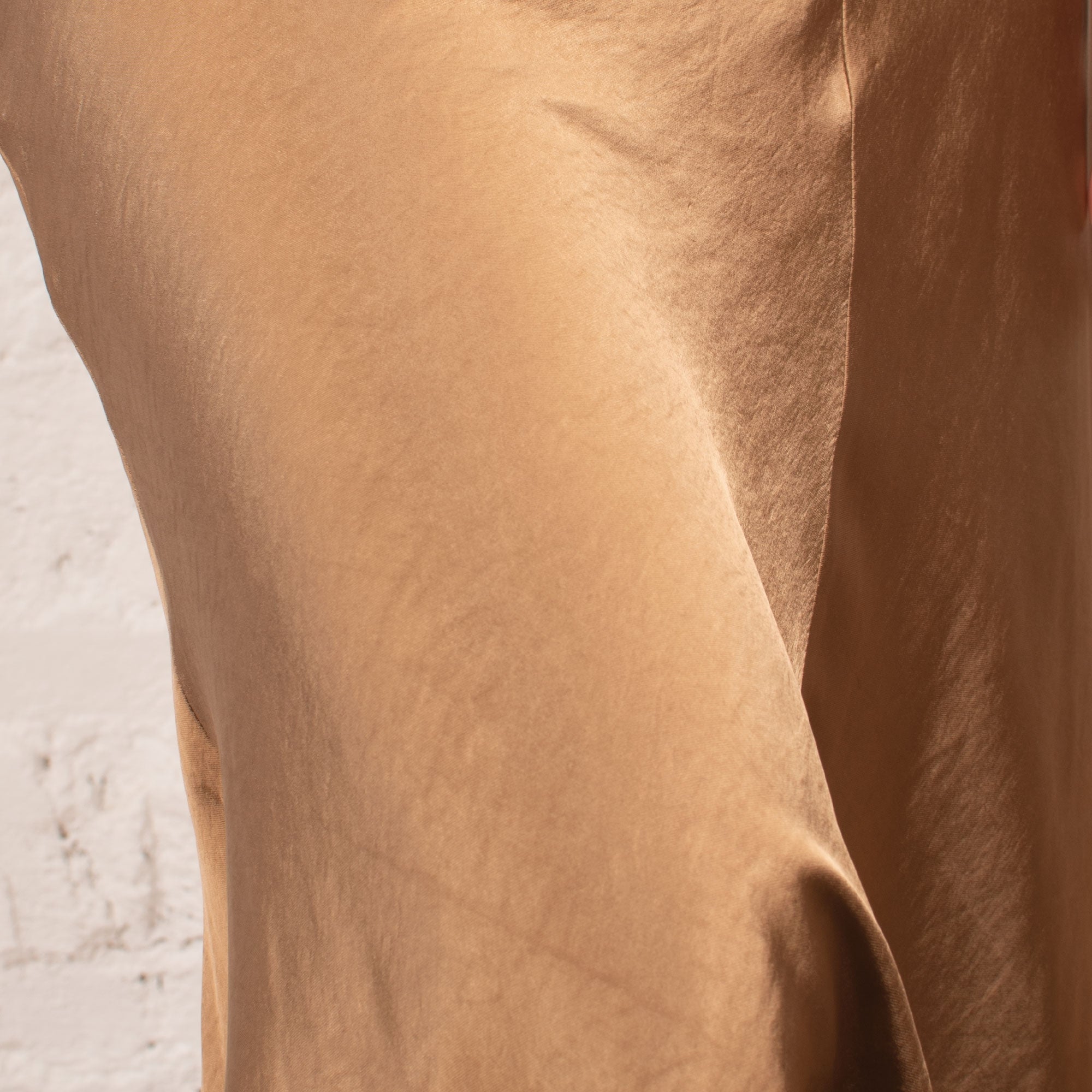 Jacinthe bronze bias cut midi length satin skirt