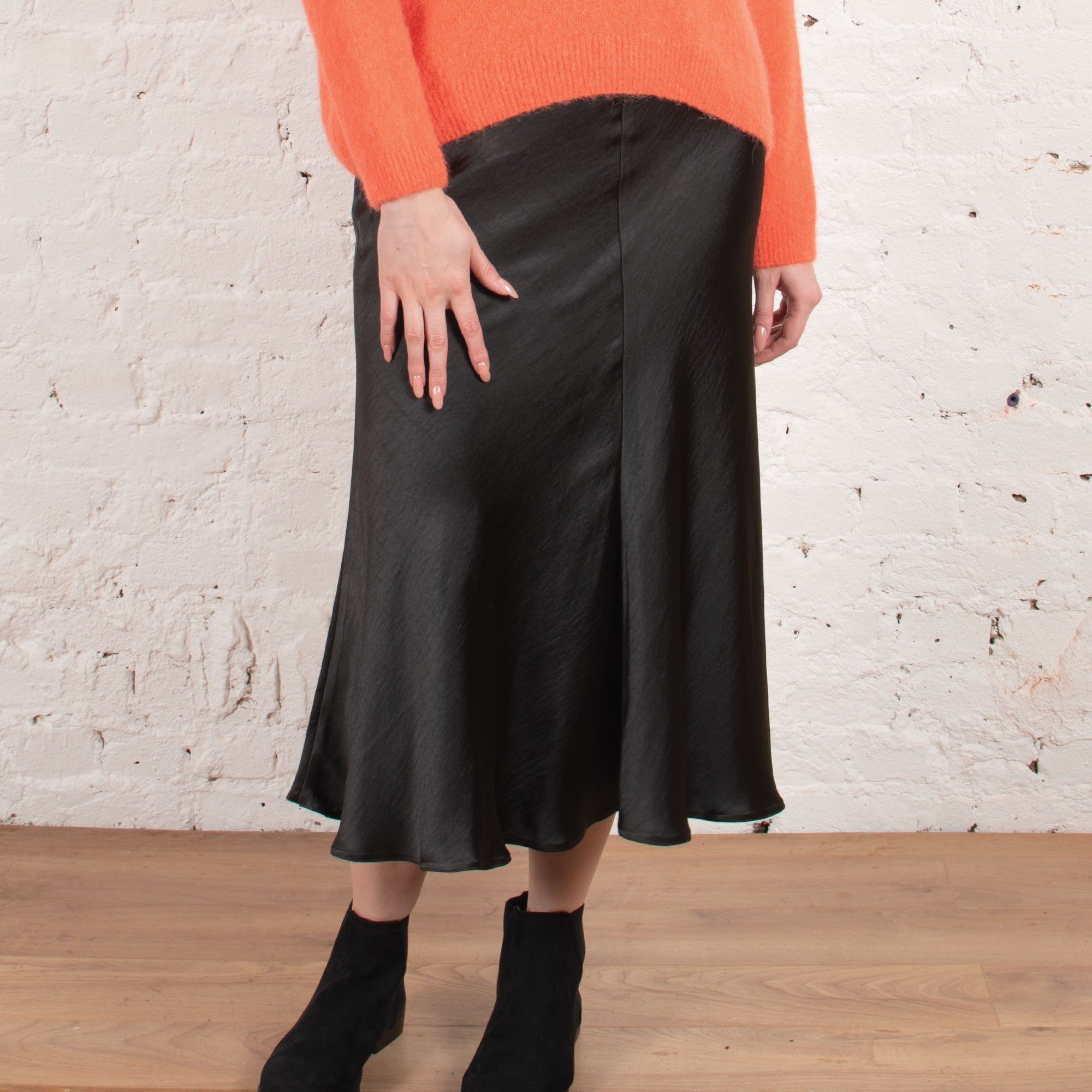 Jacinthe bias cut midi length satin skirt