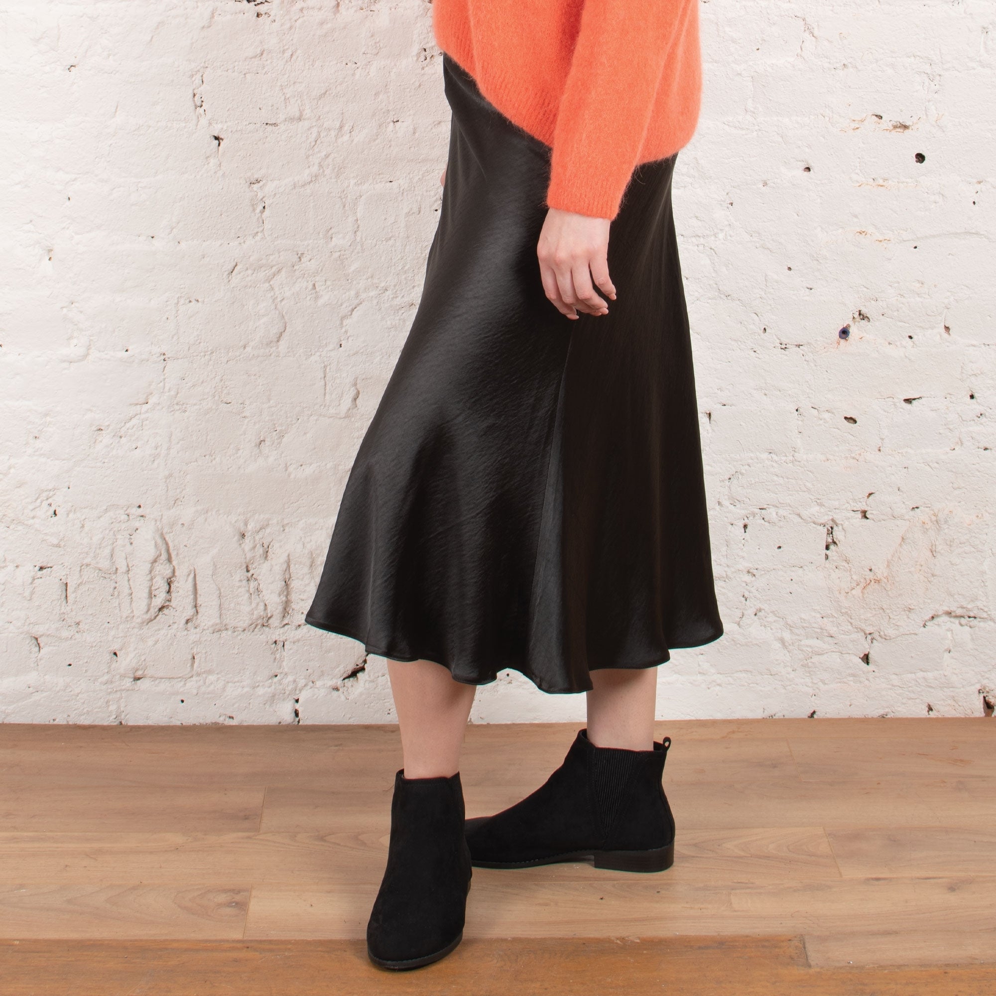 Jacinthe bias cut midi length satin skirt