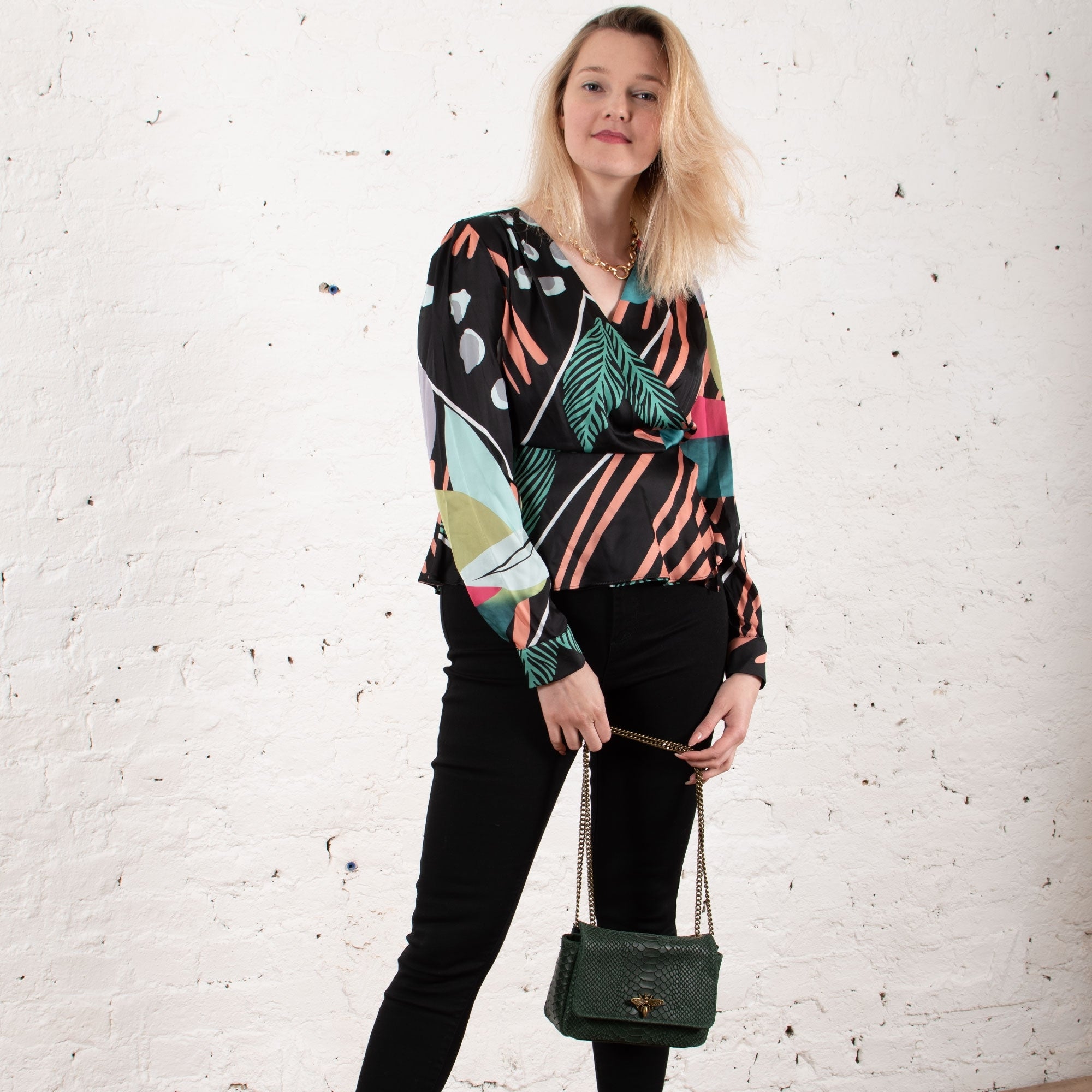 Tamara black cross front printed top