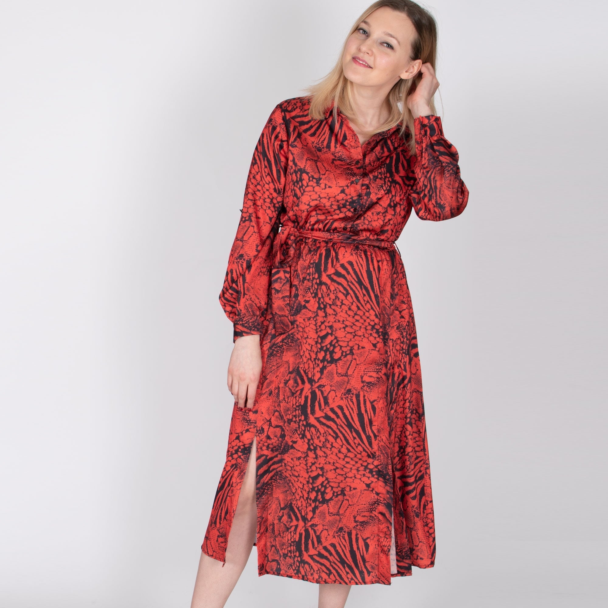 Torri red printed satin touch shirt dress