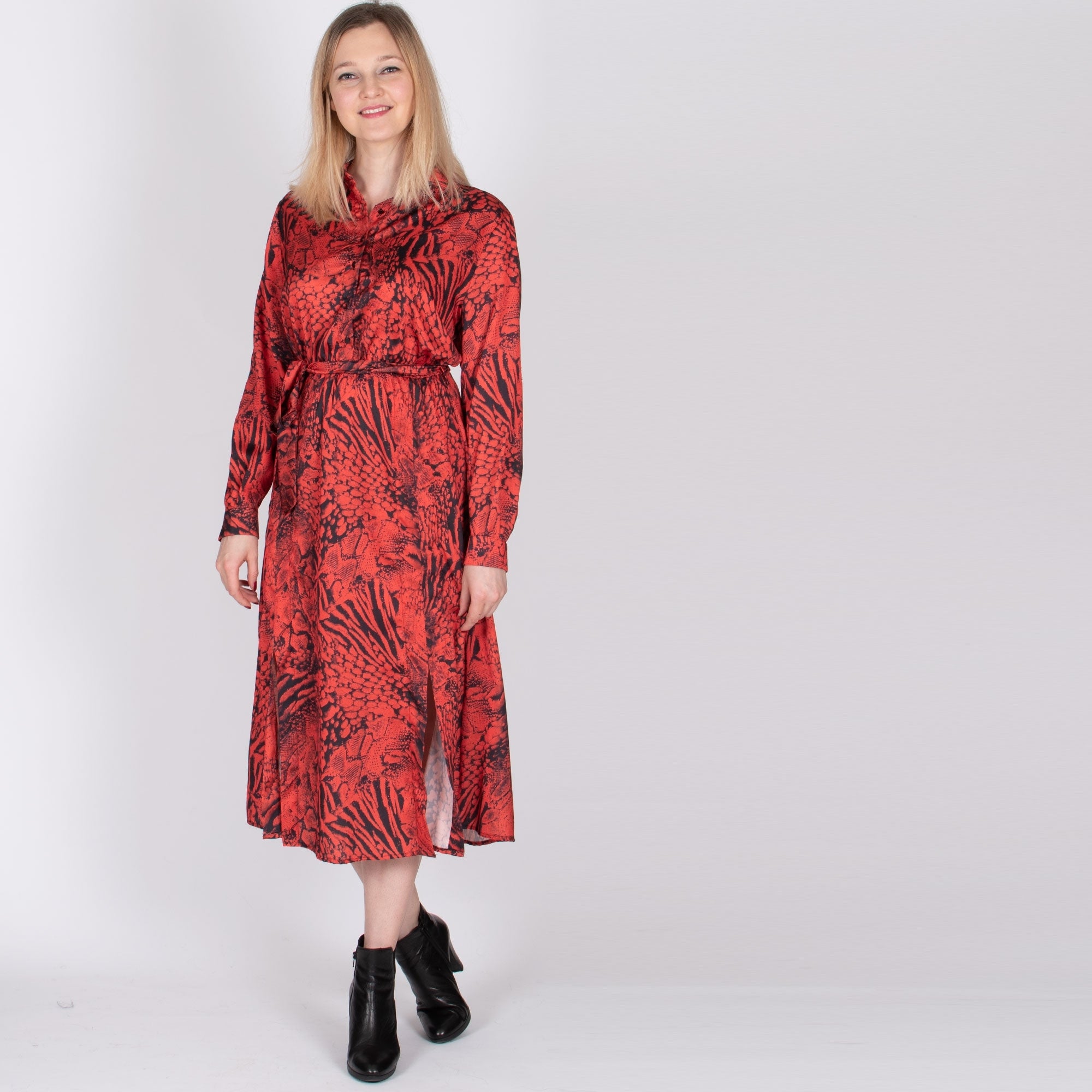 Torri red printed satin touch shirt dress