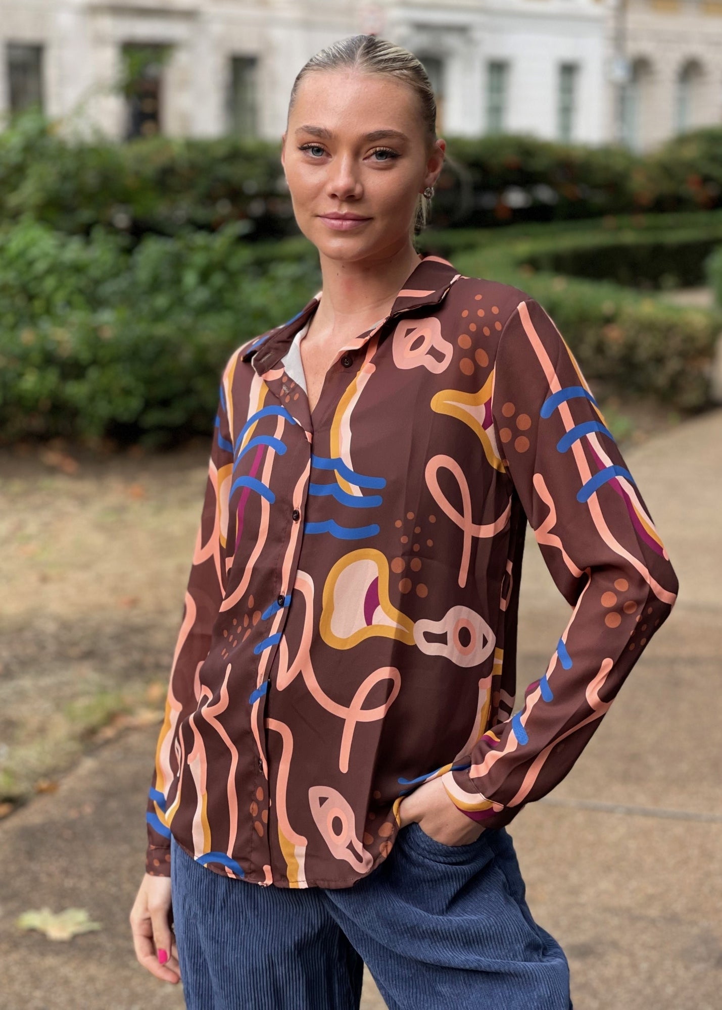 Riella brown printed button through long sleeve shirt