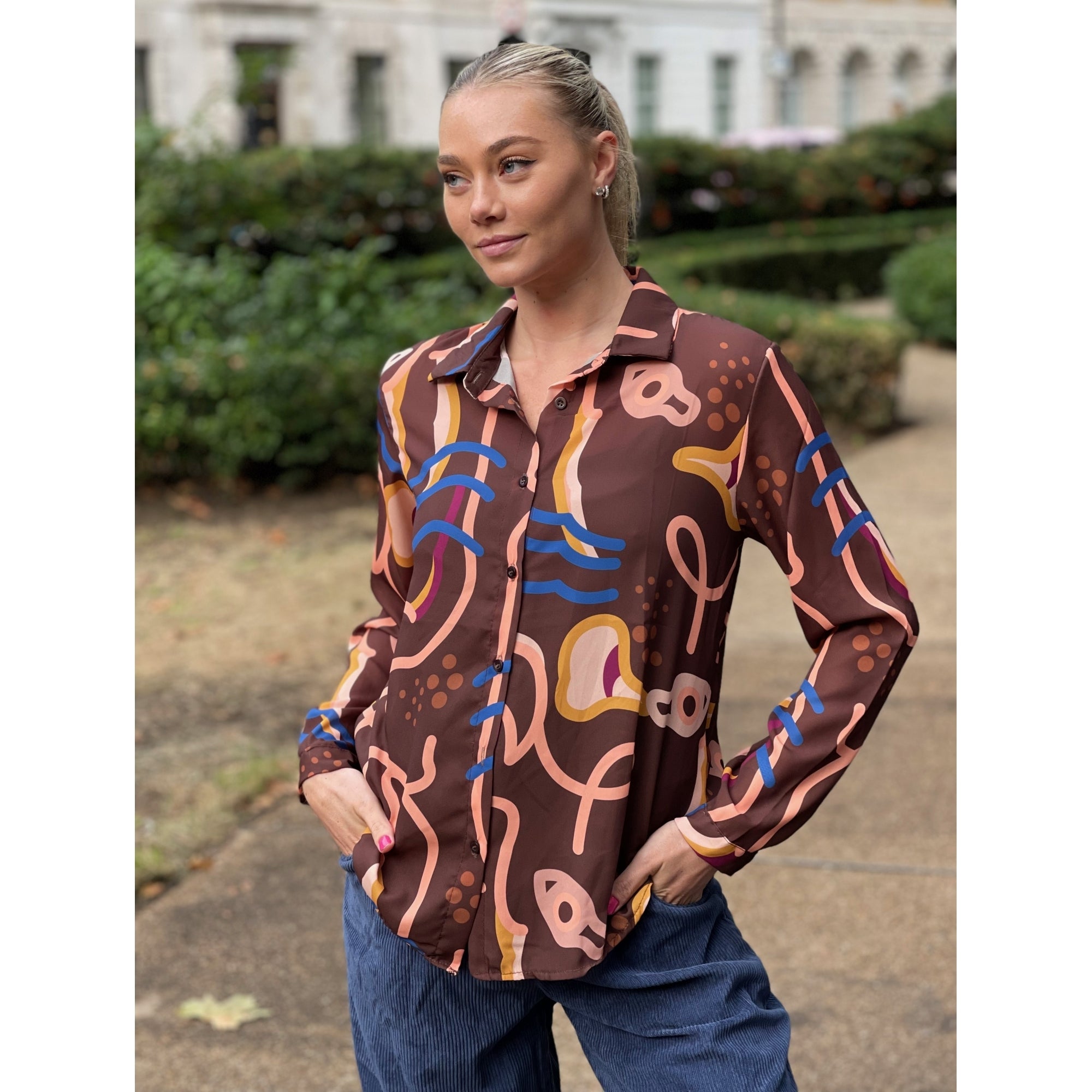 Riella brown printed button through long sleeve shirt