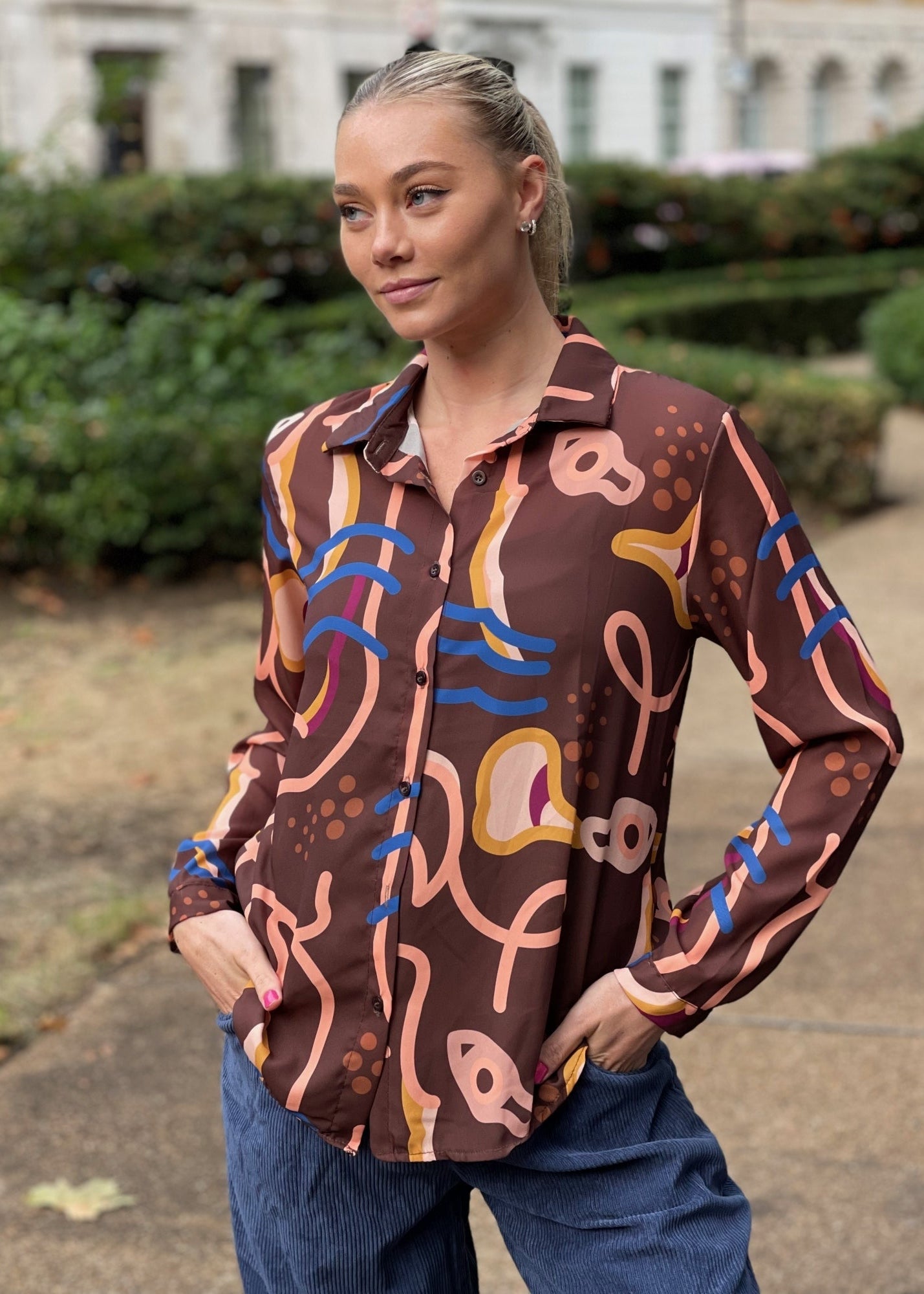 Riella brown printed button through long sleeve shirt