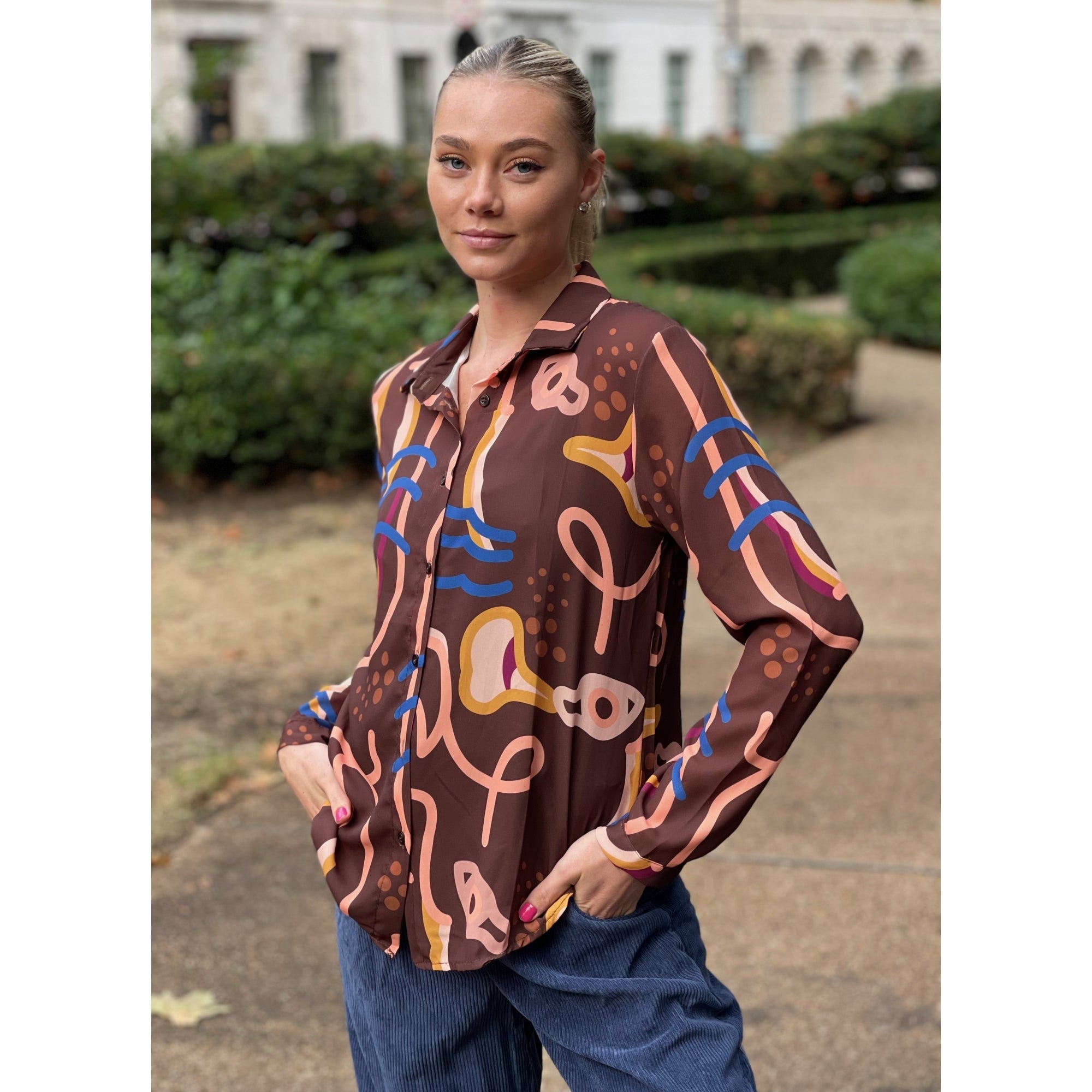 Riella brown printed button through long sleeve shirt