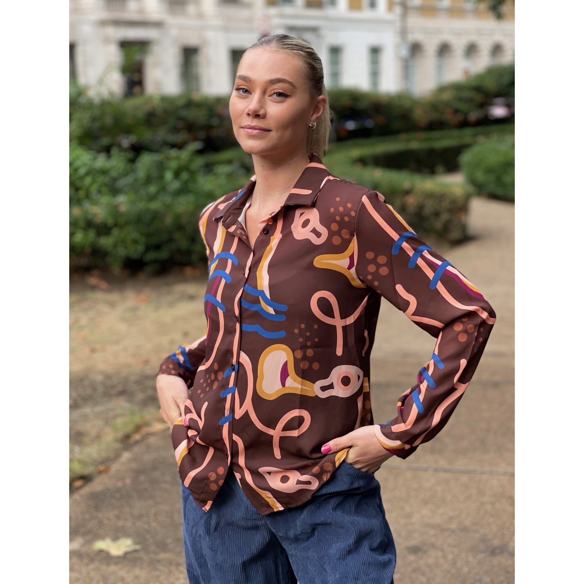 Riella brown printed button through long sleeve shirt