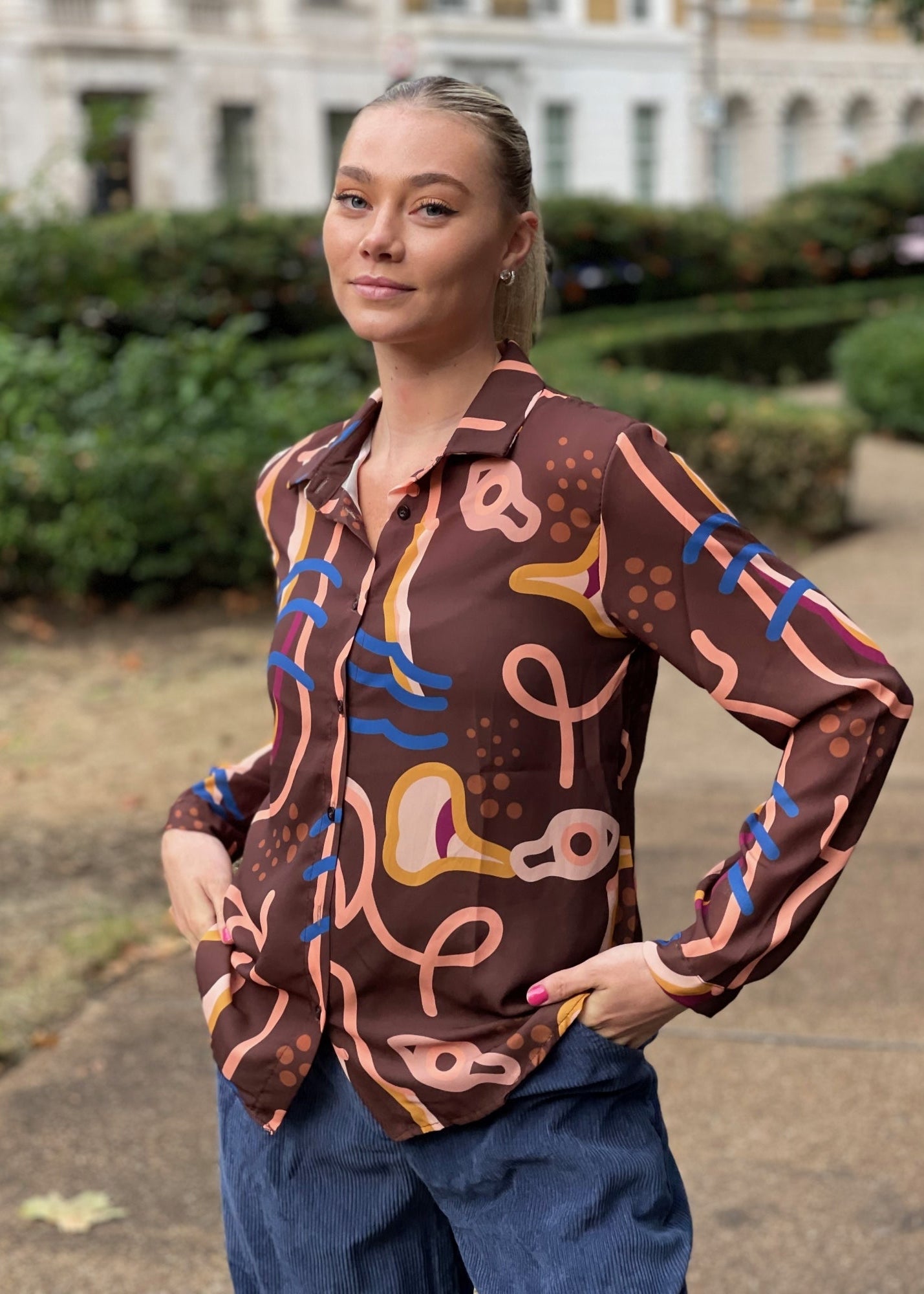 Riella brown printed button through long sleeve shirt