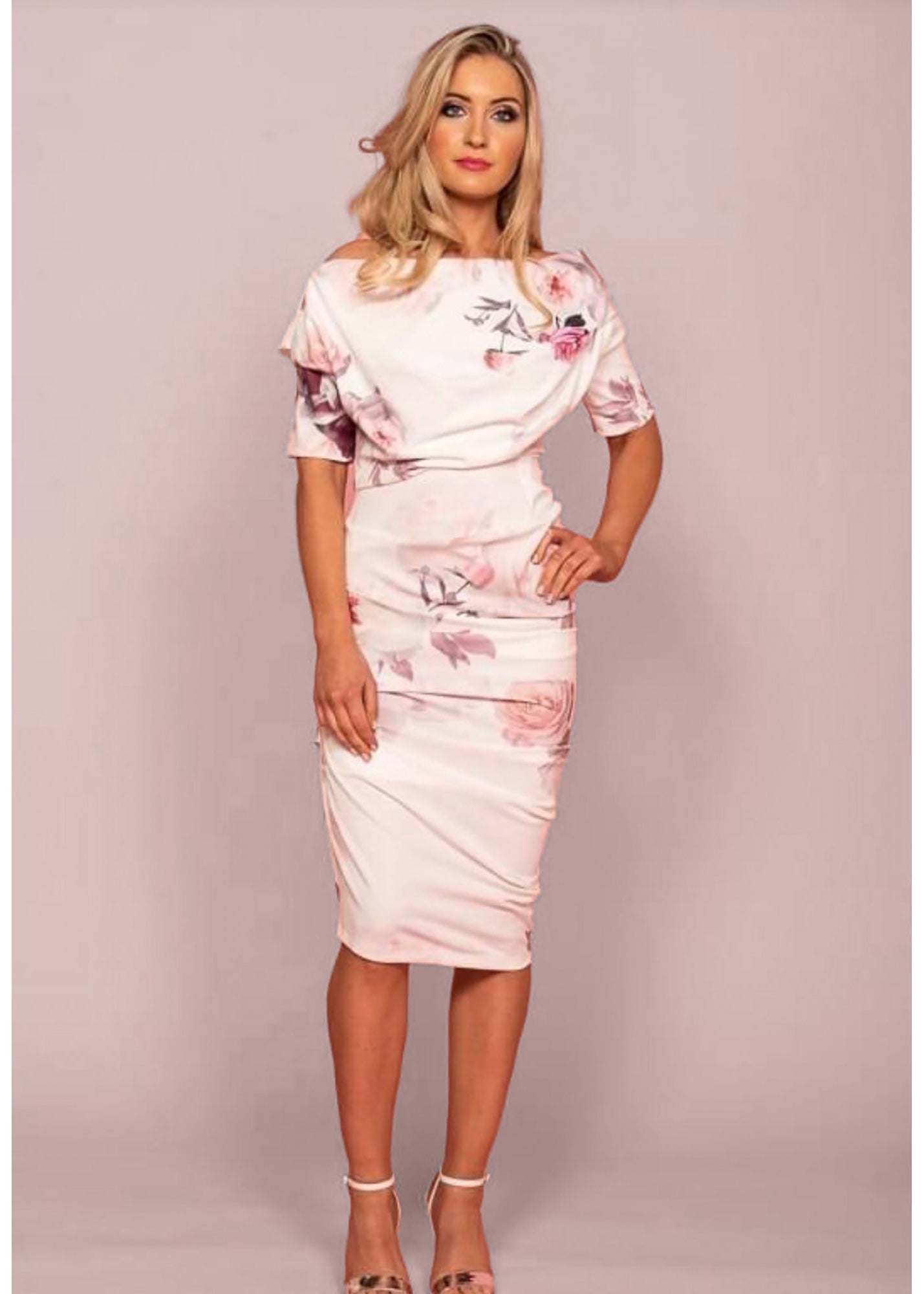 Verona ruched side art deco soft pink dress