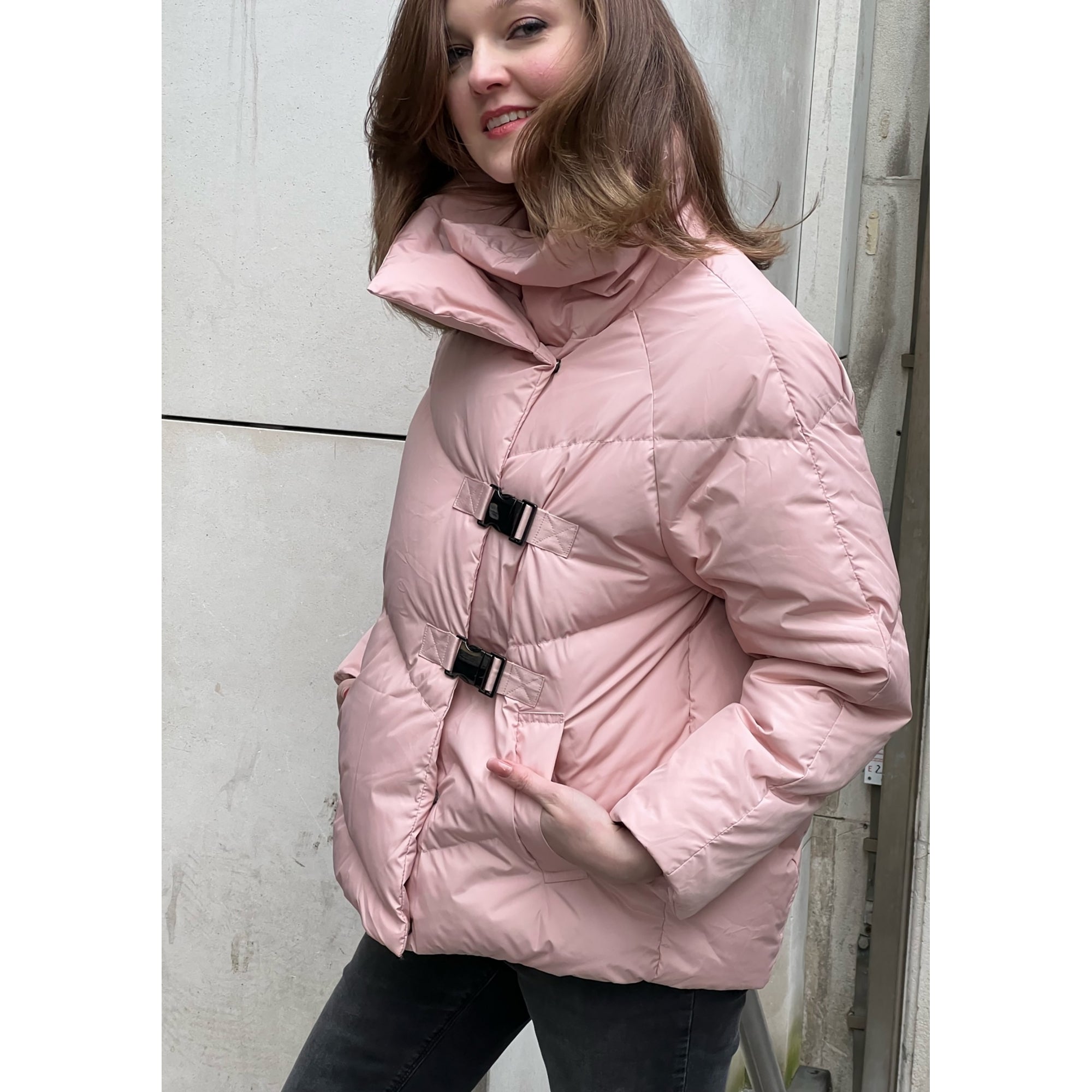 Sinead blush pink buckle front puffa jacket