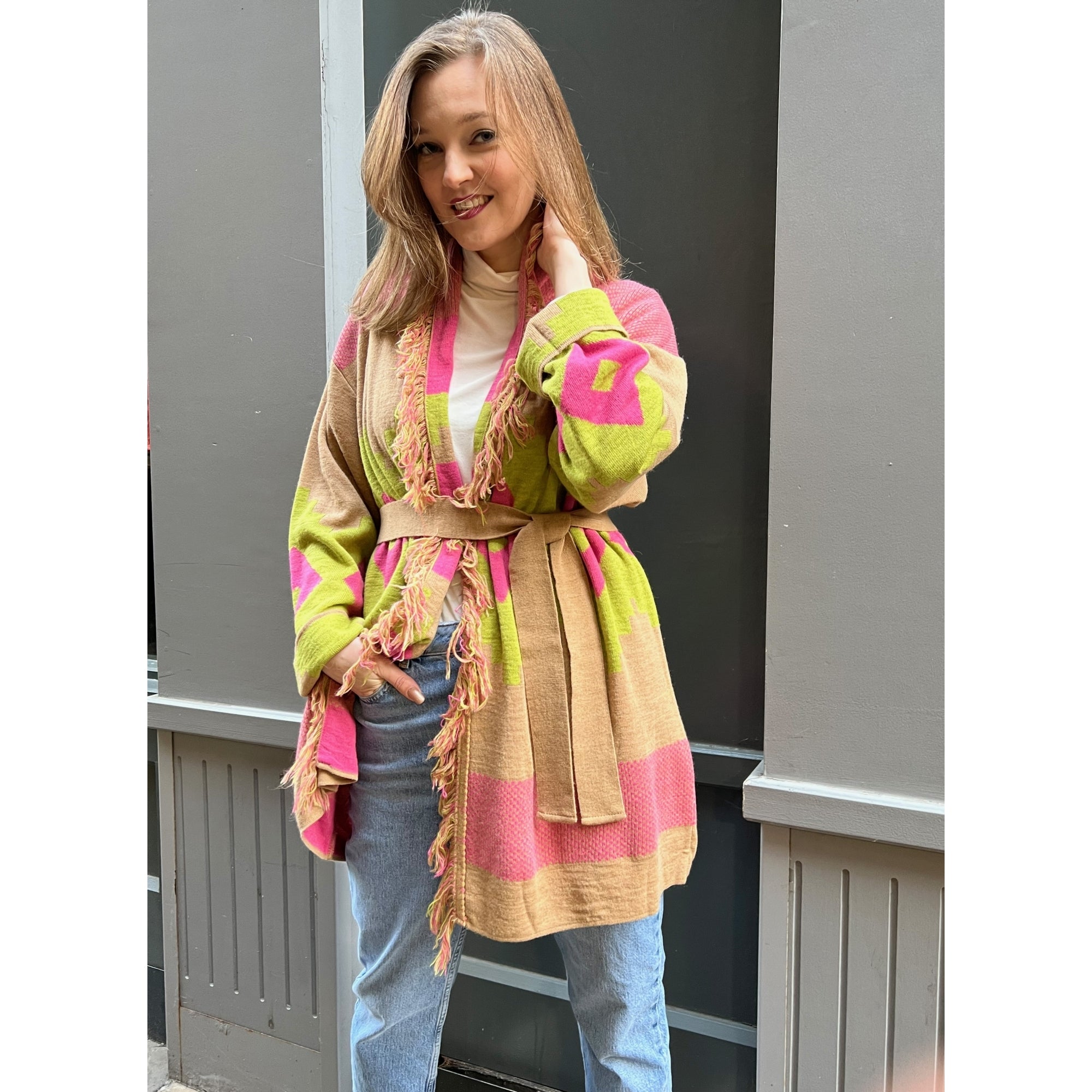 Lyla lime and cerise printed wool blend fringe cardigan