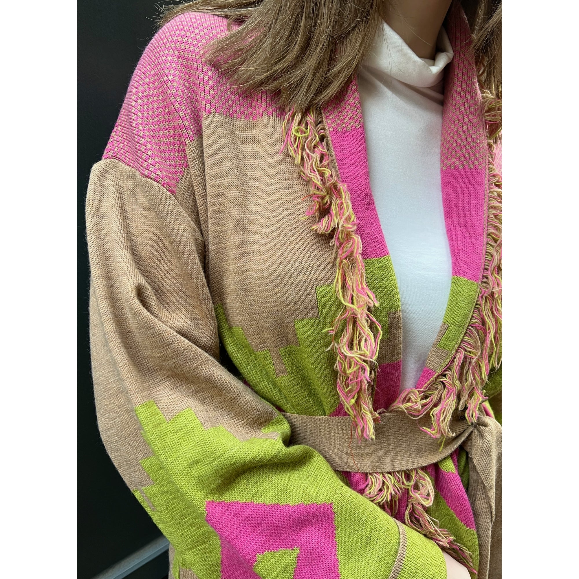 Lyla lime and cerise printed wool blend fringe cardigan