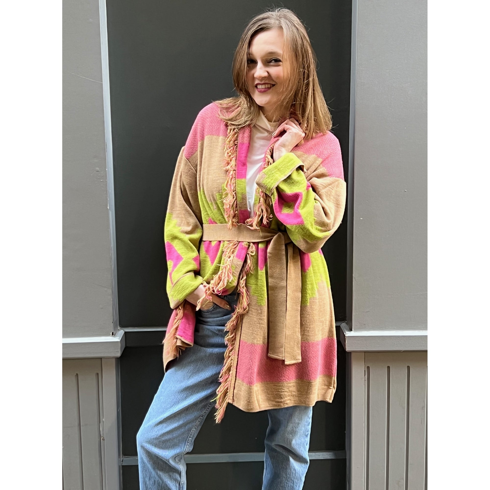 Lyla lime and cerise printed wool blend fringe cardigan