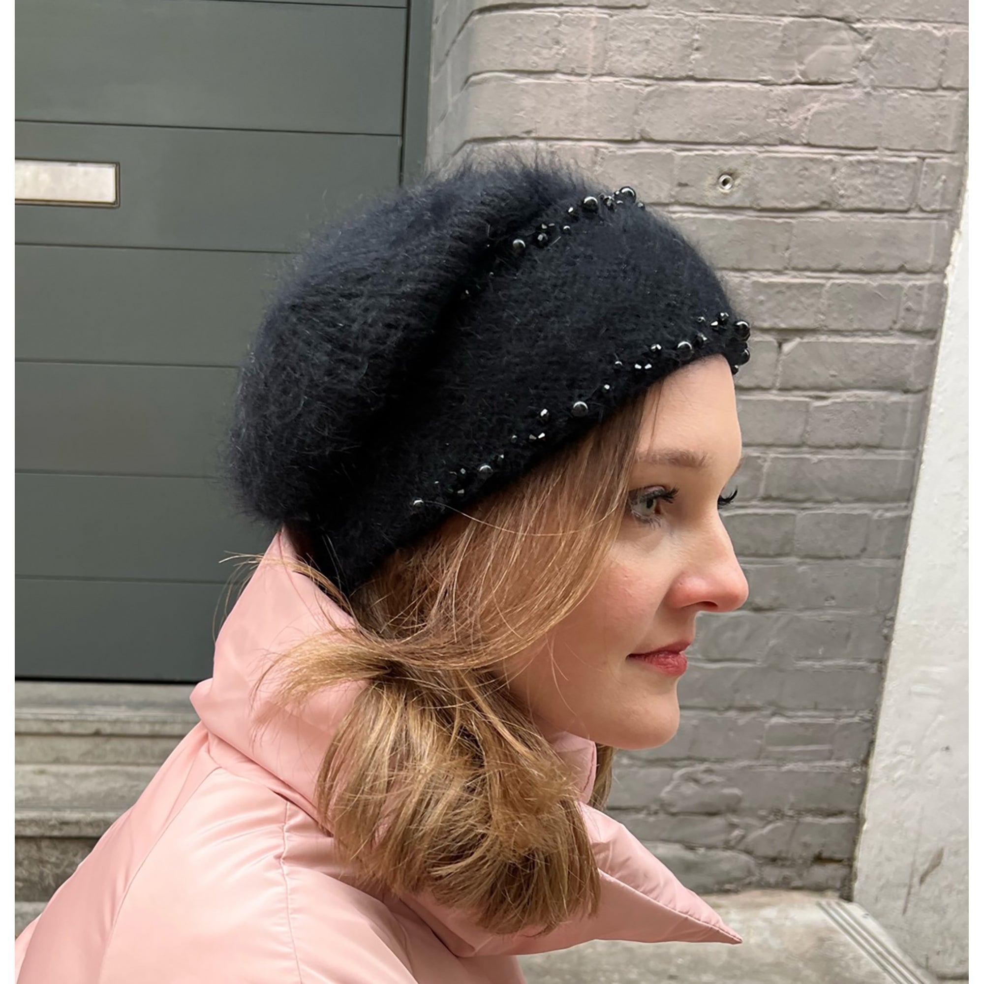 Gwen black wool / angora mix beaded beanie hat