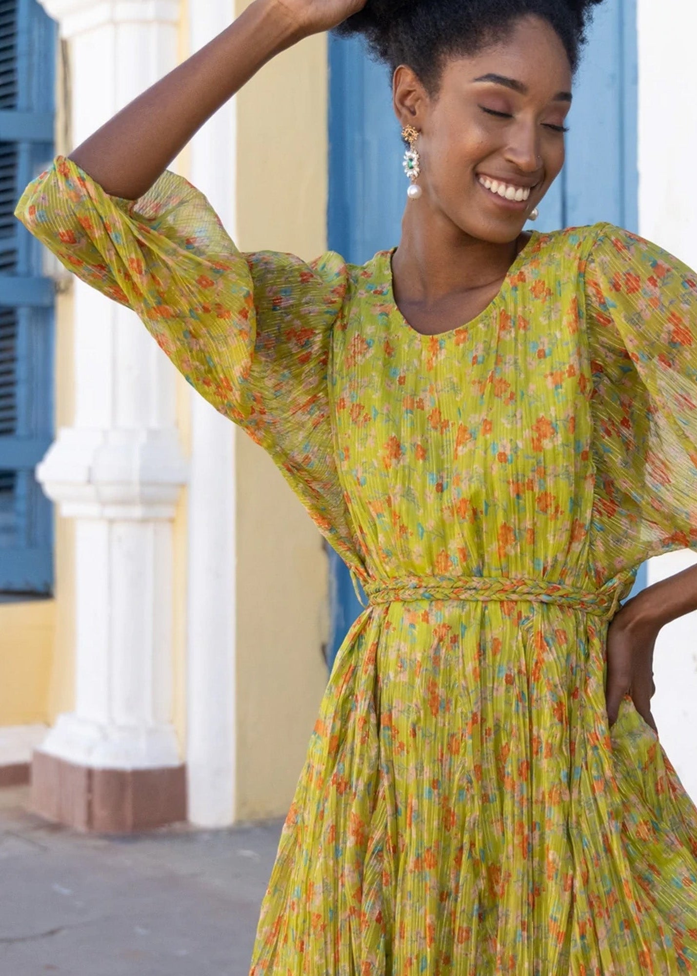 Ella lime chiffon ditsy floral print mini dress