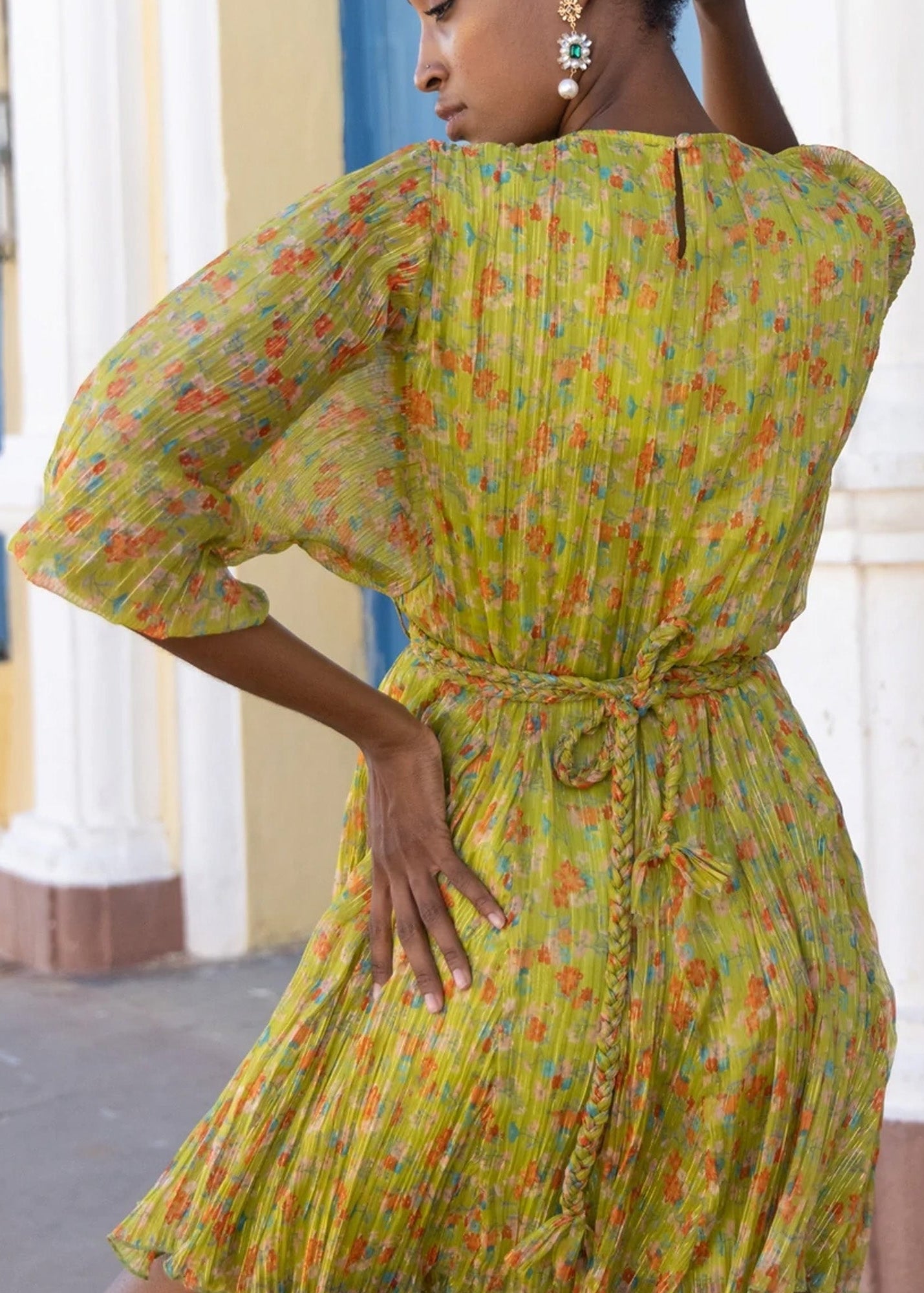 Ella lime chiffon ditsy floral print mini dress
