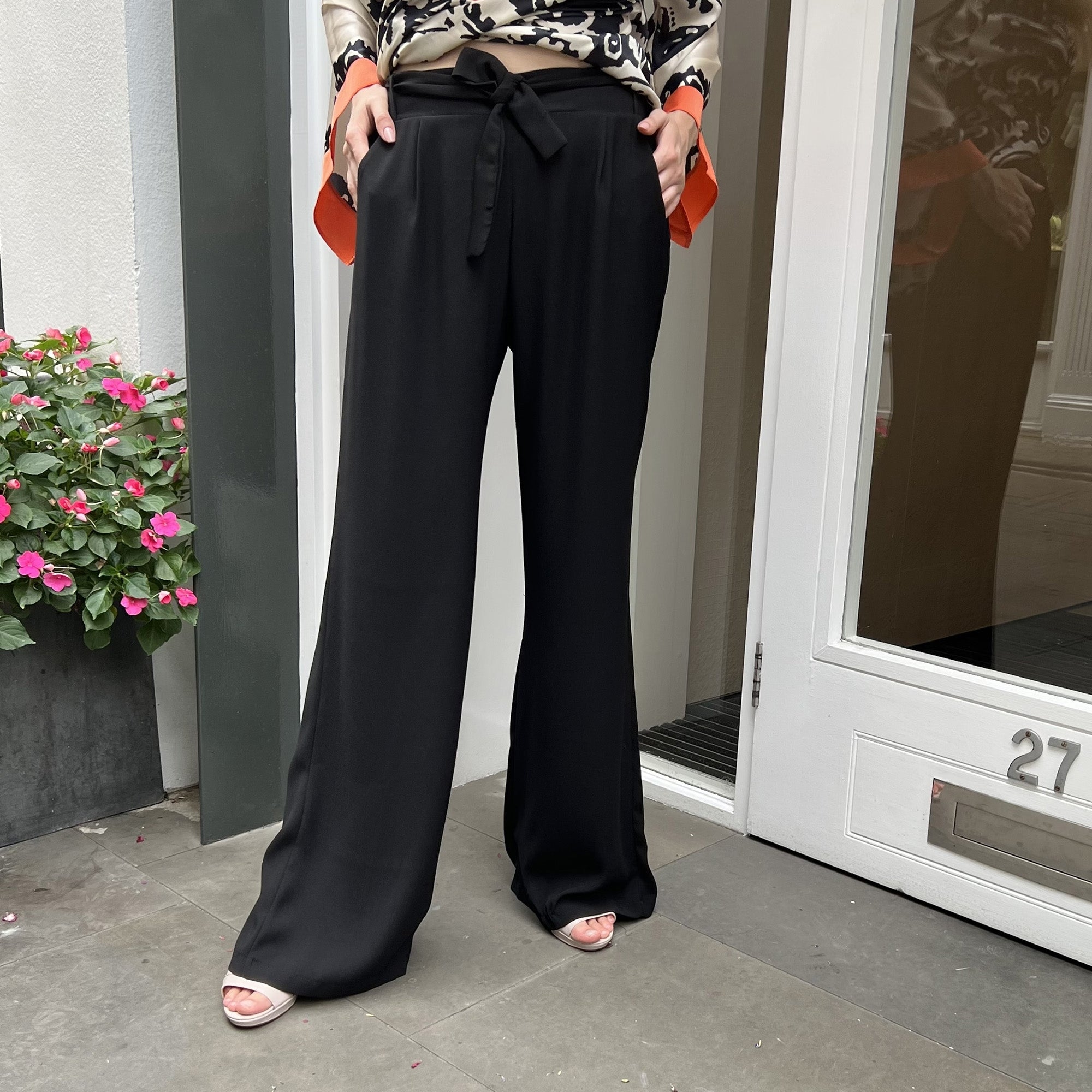 Cami black relaxed fit belted crepe trousers