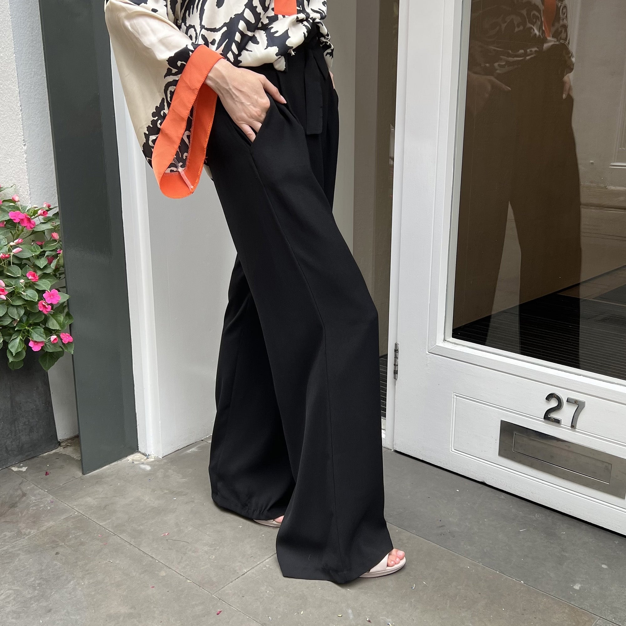 Cami black relaxed fit belted crepe trousers