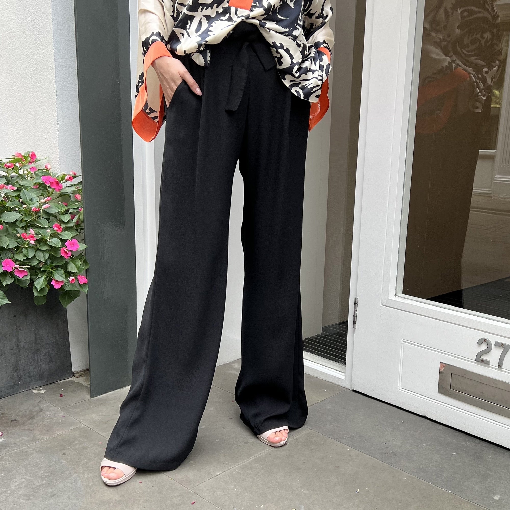 Cami black relaxed fit belted crepe trousers