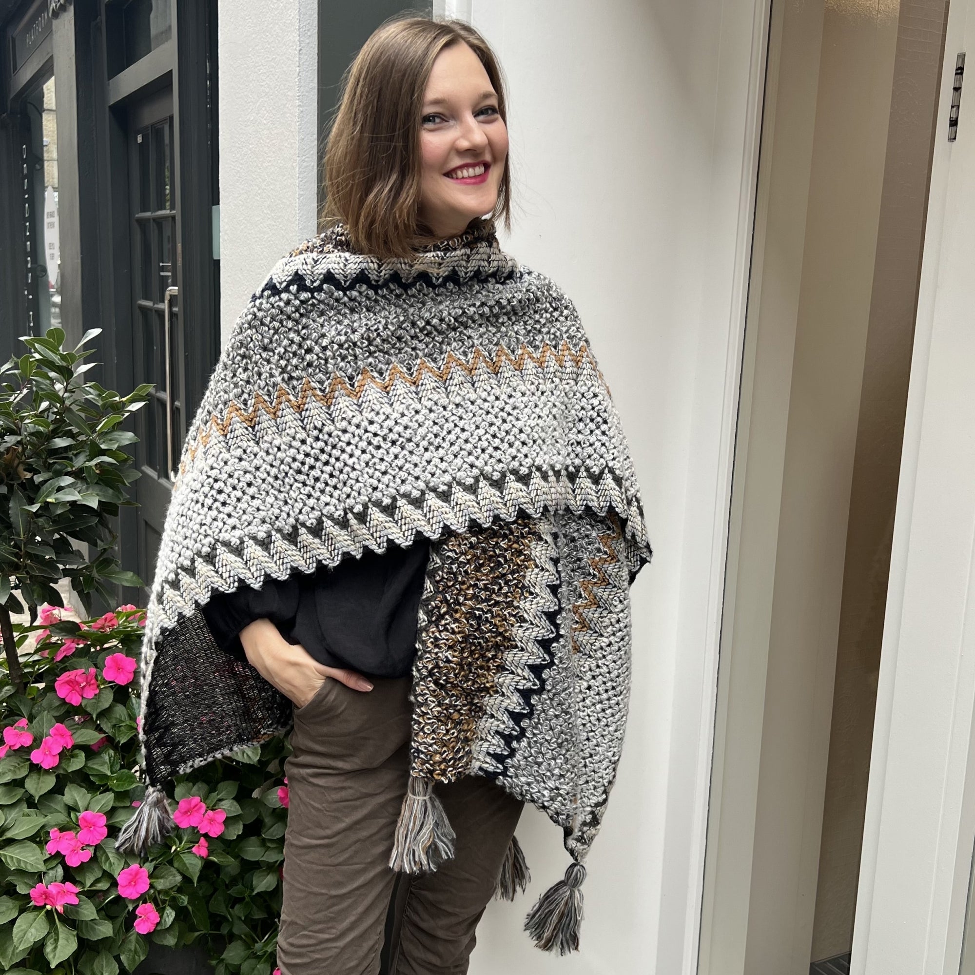 Myra cream multi knitted tassle trim shawl