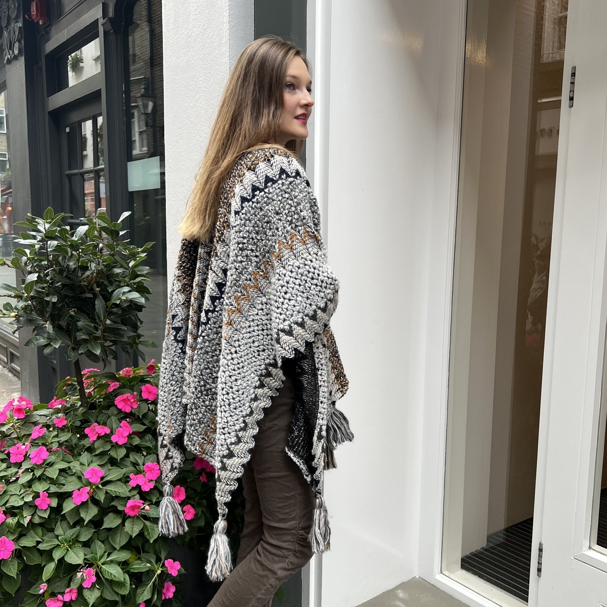 Myra cream multi knitted tassle trim shawl