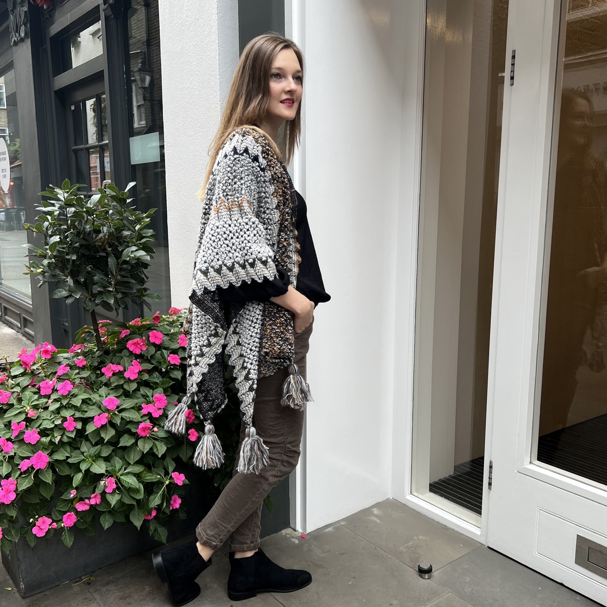 Myra cream multi knitted tassle trim shawl