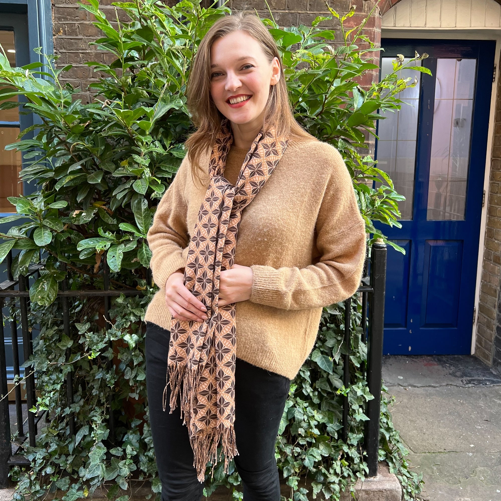 Flower circle camel colour wool blend tassle trim printed scarf