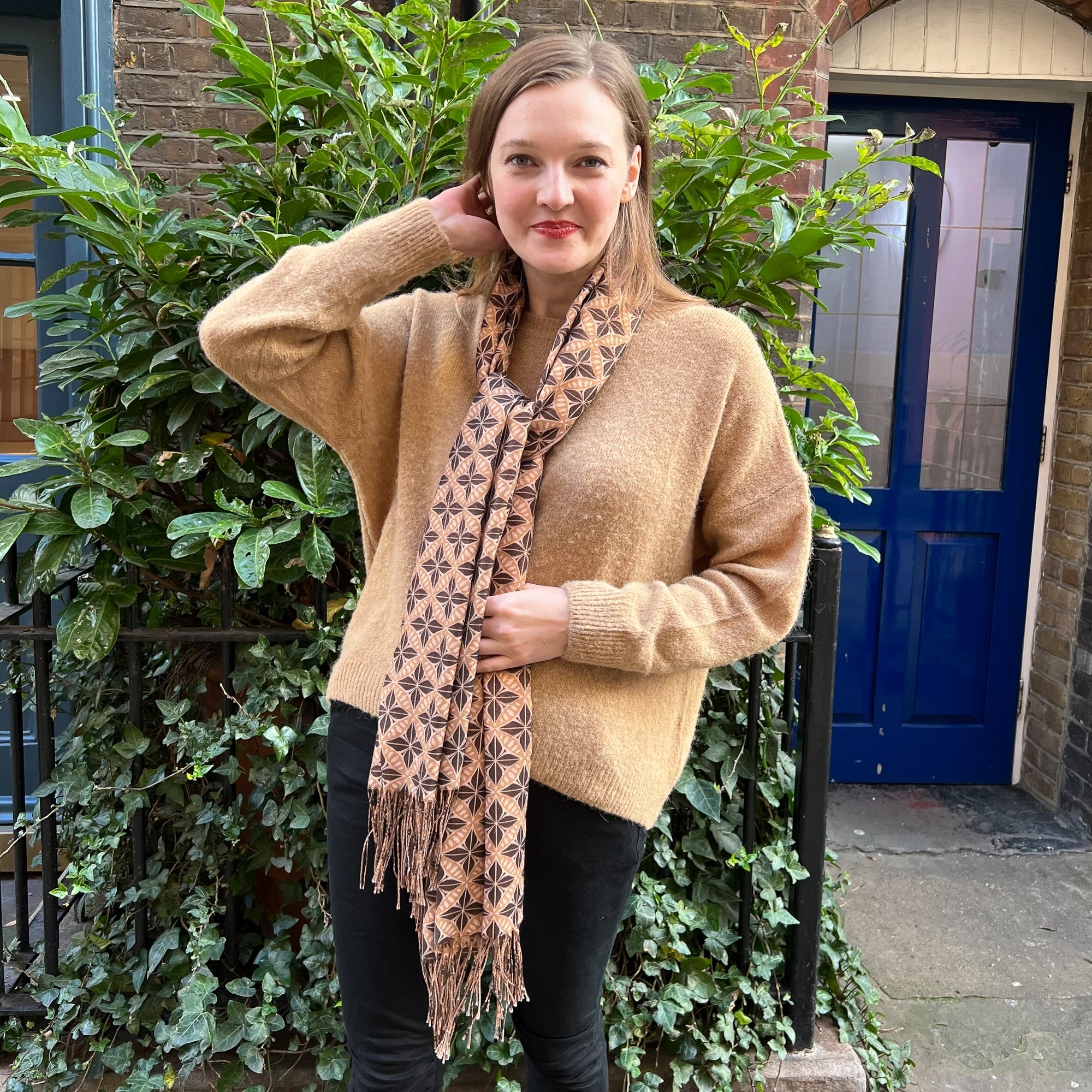 Flower circle camel colour wool blend tassle trim printed scarf