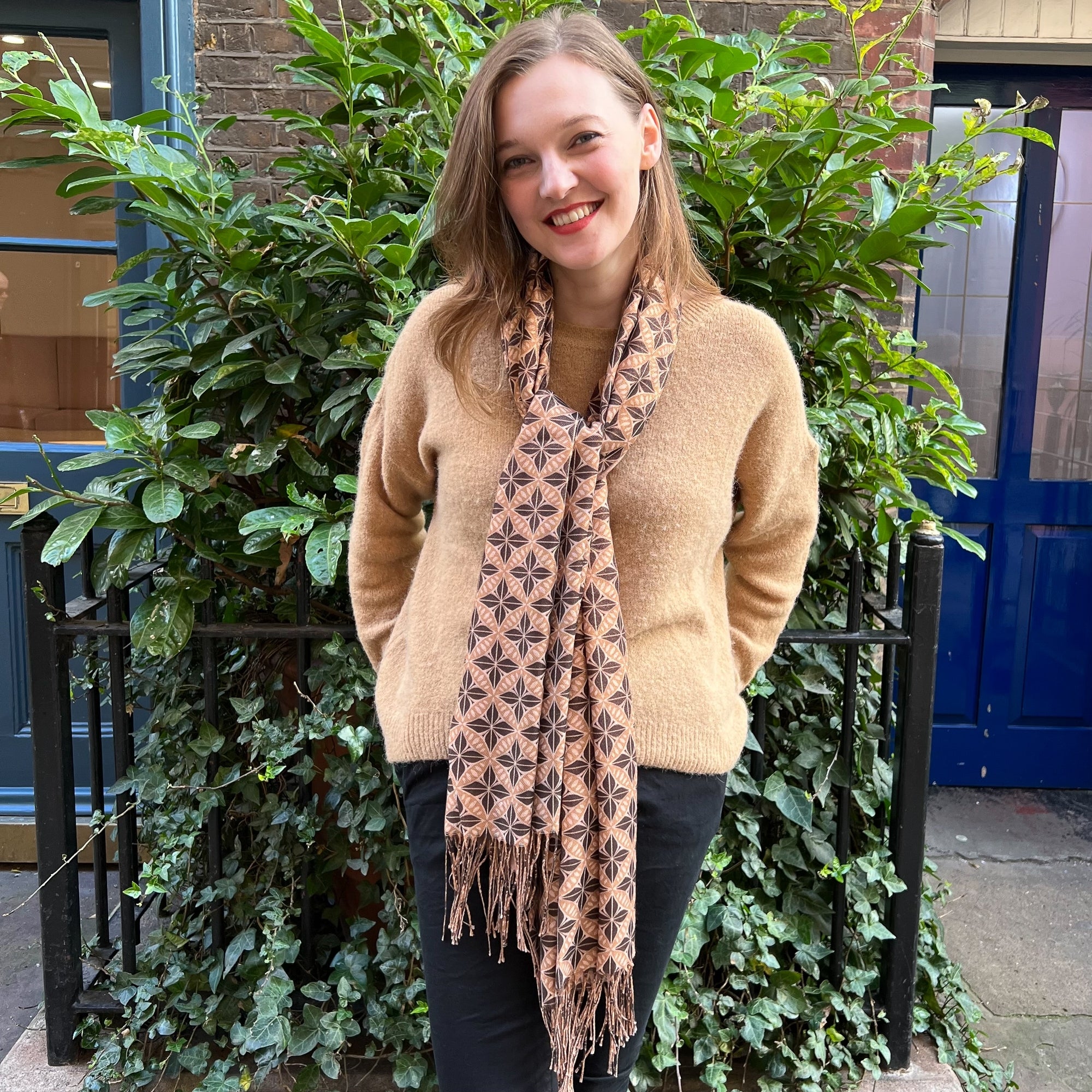 Flower circle camel colour wool blend tassle trim printed scarf