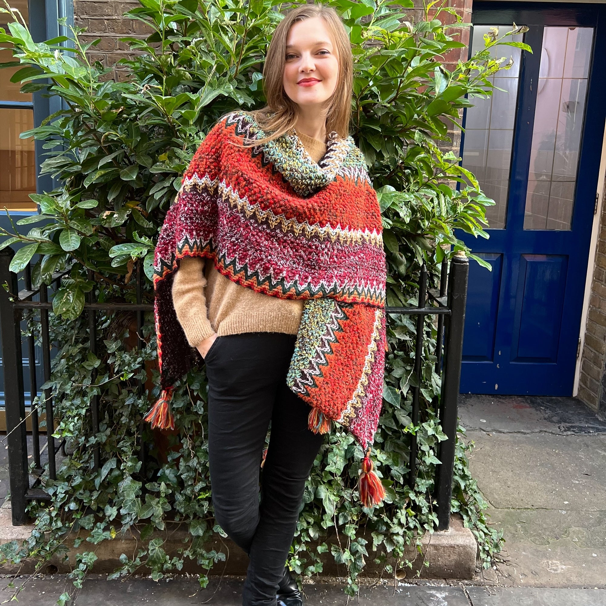 Myra burnt orange multi knitted tassle trim shawl