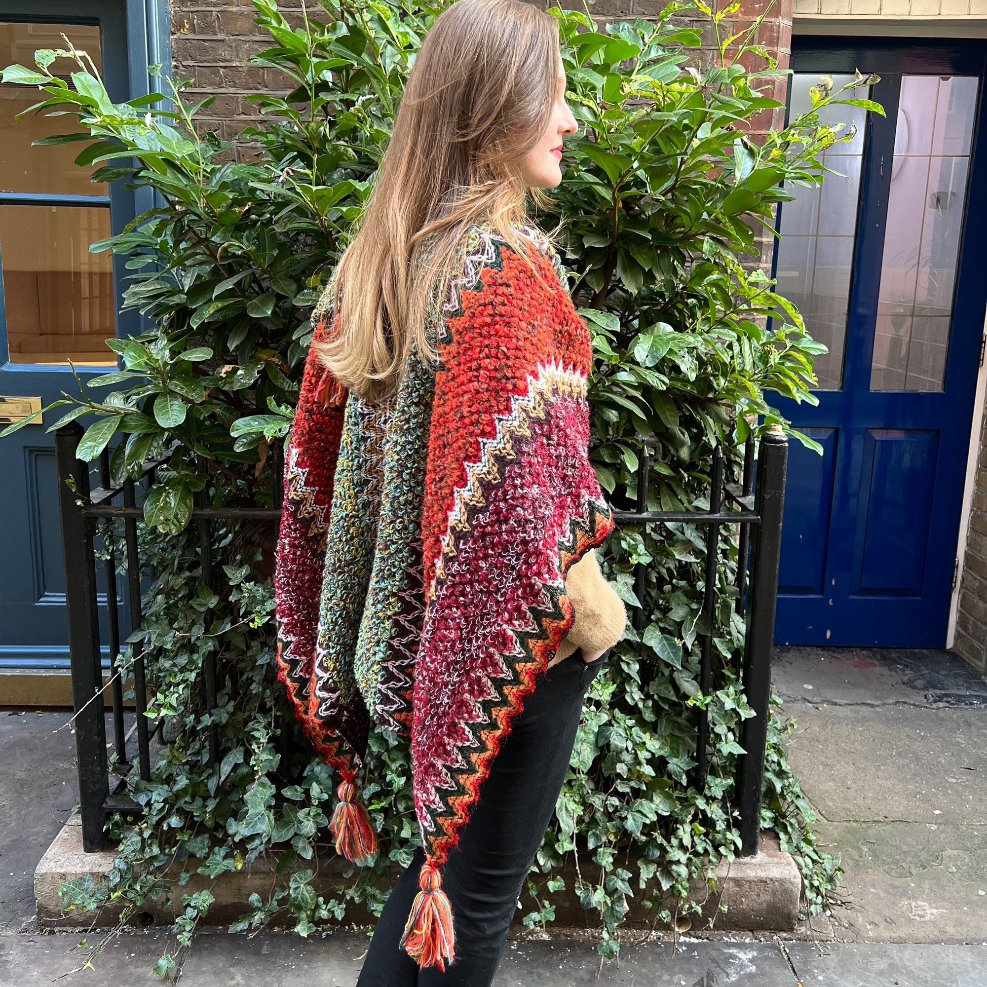 Myra burnt orange multi knitted tassle trim shawl