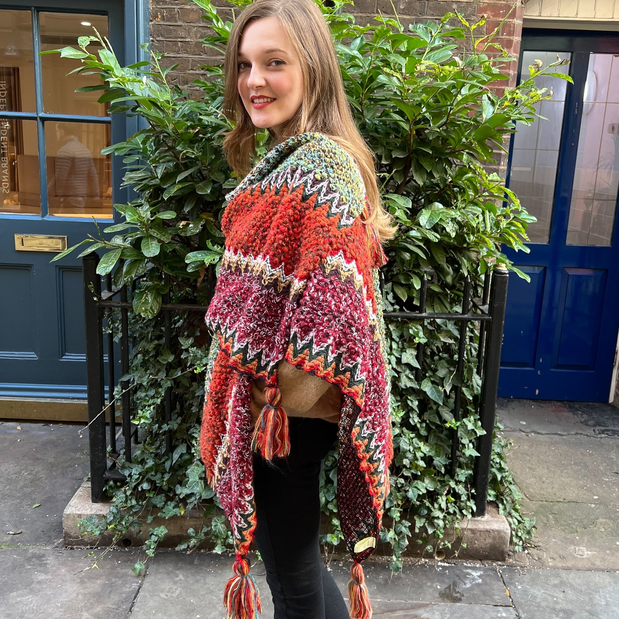 Myra burnt orange multi knitted tassle trim shawl