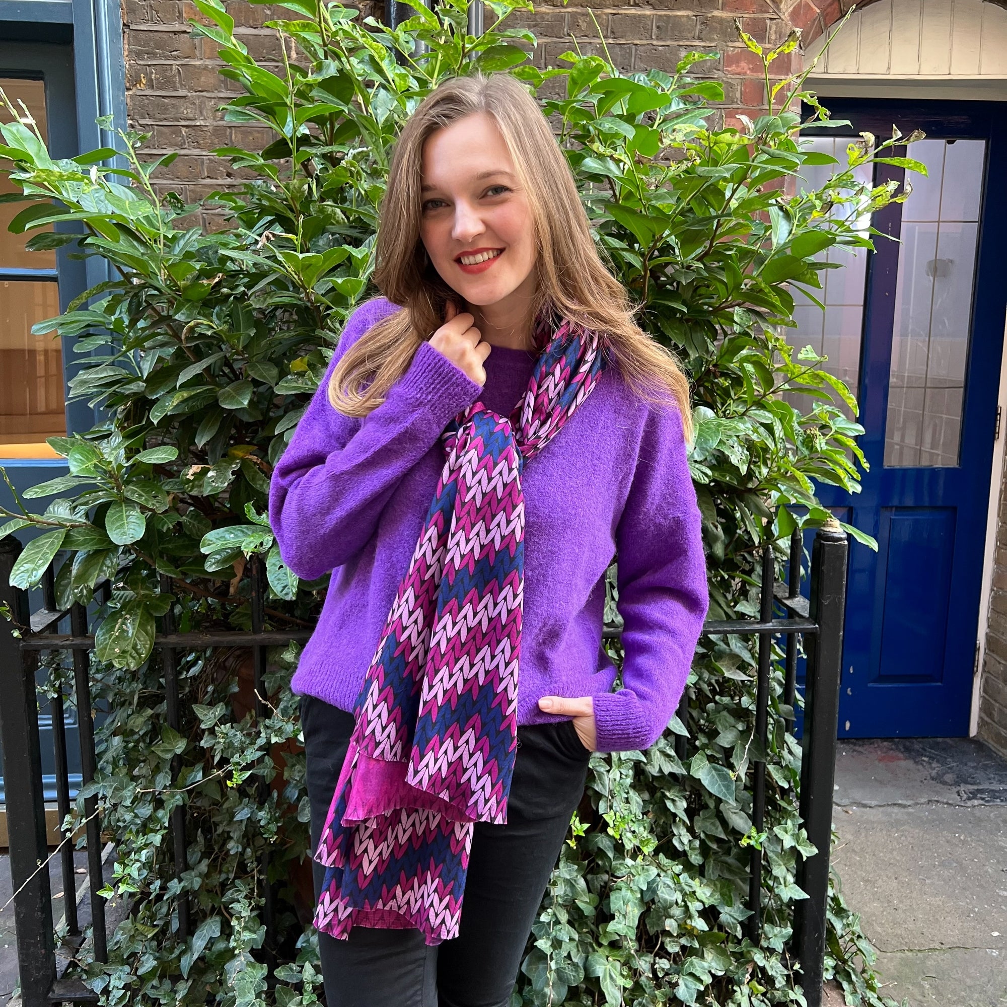 Petal fuschia pink wool blend contrast printed tassle trim scarf