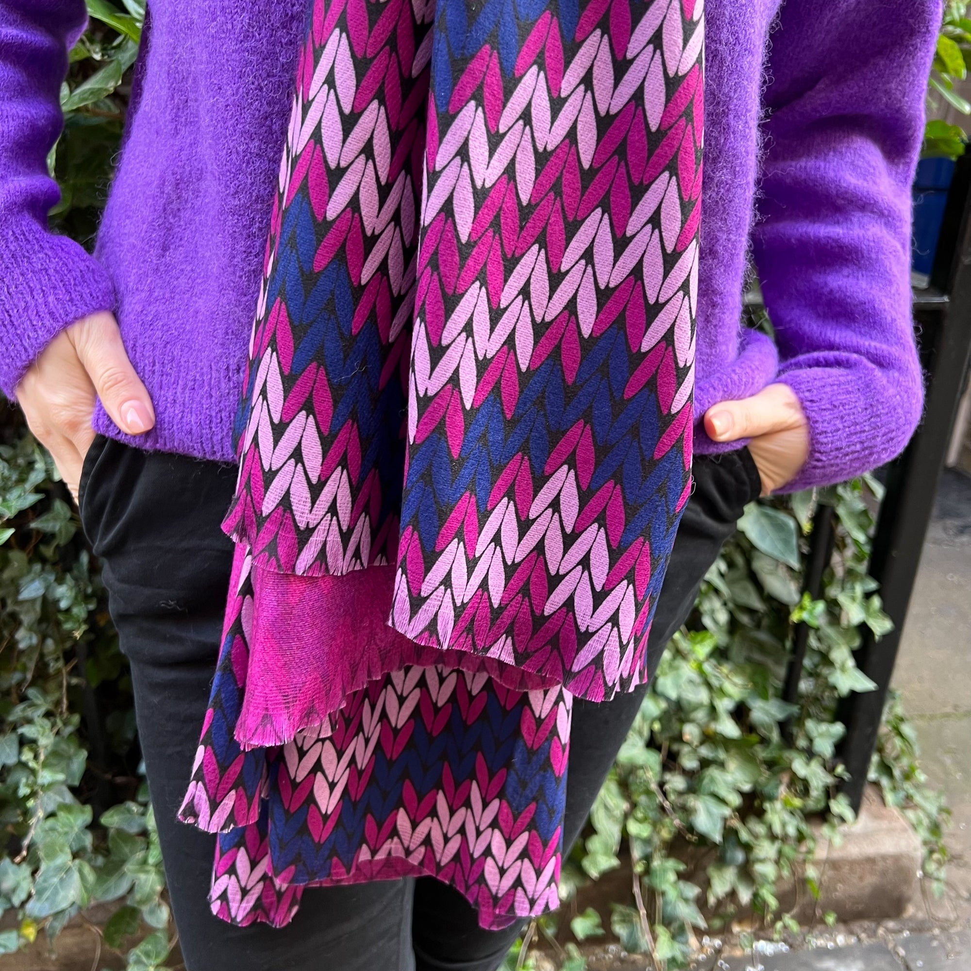 Petal fuschia pink wool blend contrast printed tassle trim scarf
