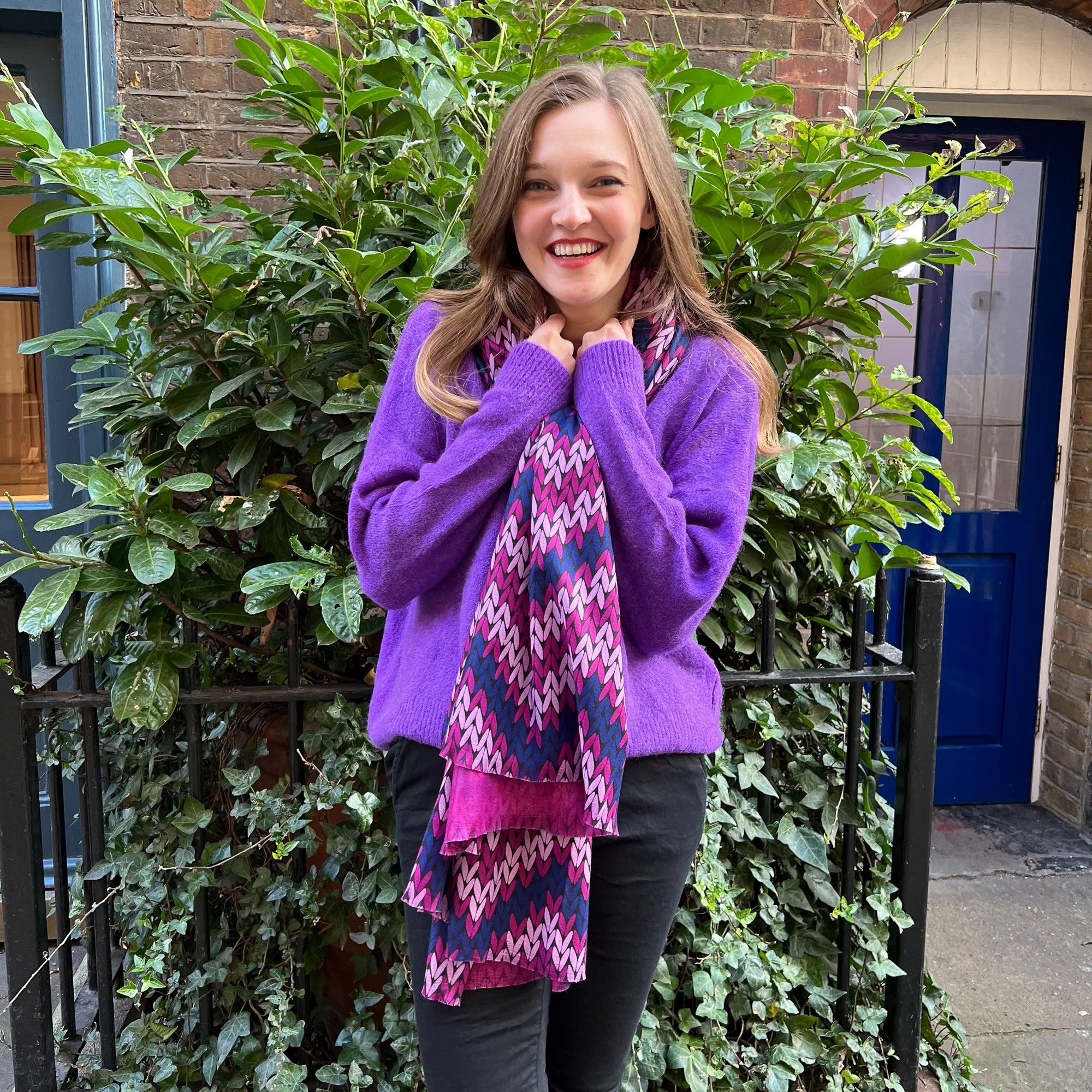 Petal fuschia pink wool blend contrast printed tassle trim scarf