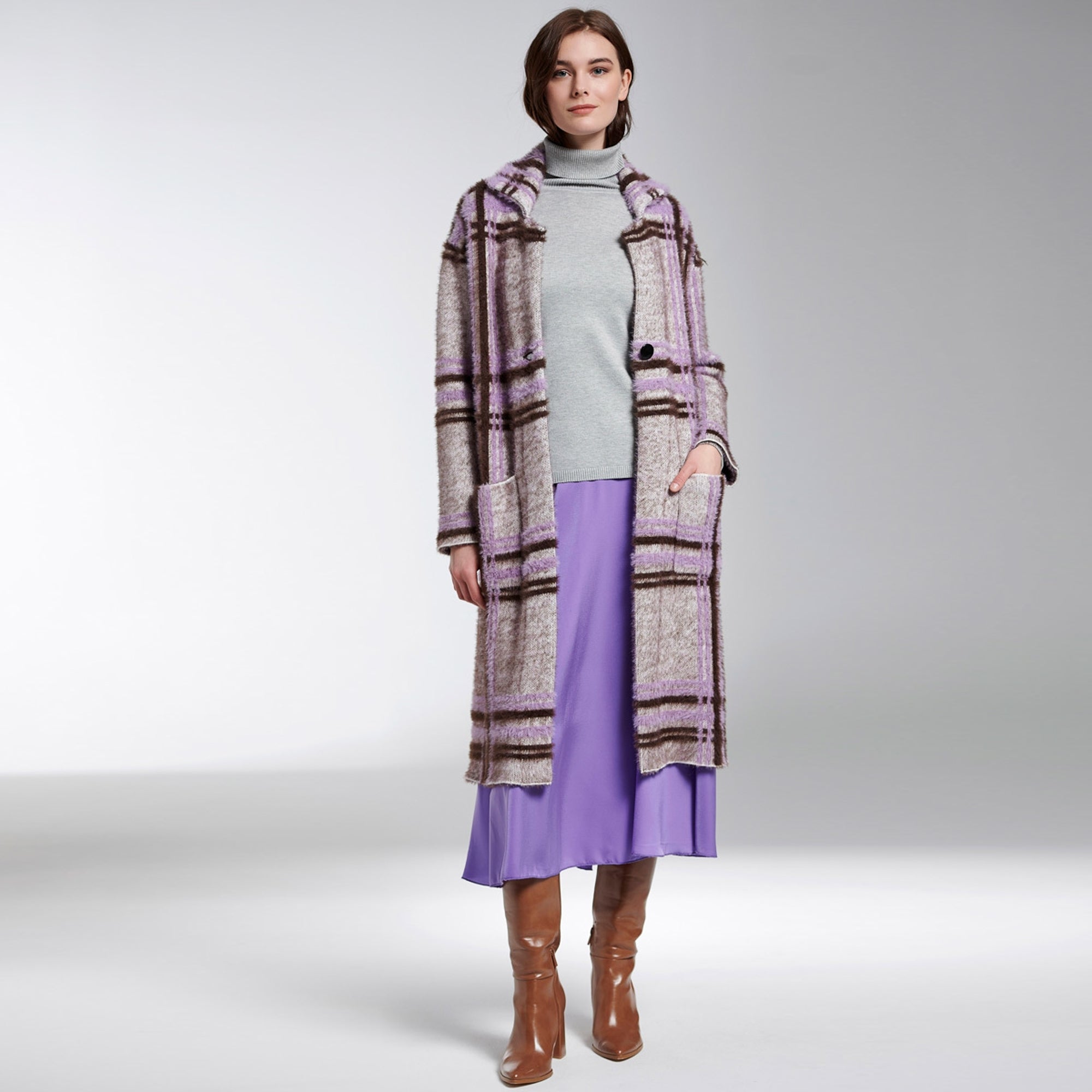Sally lilac and chocolate checked midi length knitted coatigan