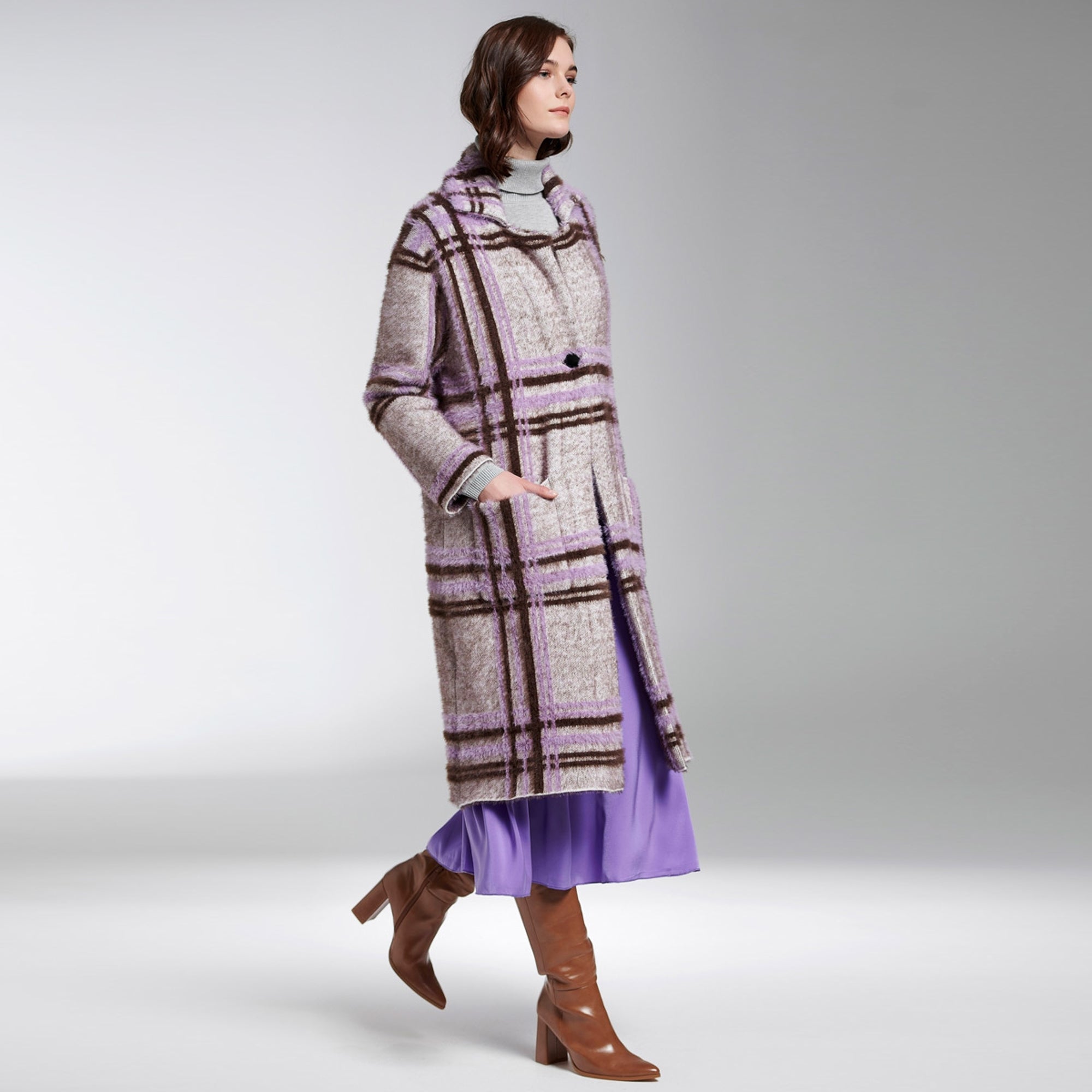 Sally lilac and chocolate checked midi length knitted coatigan