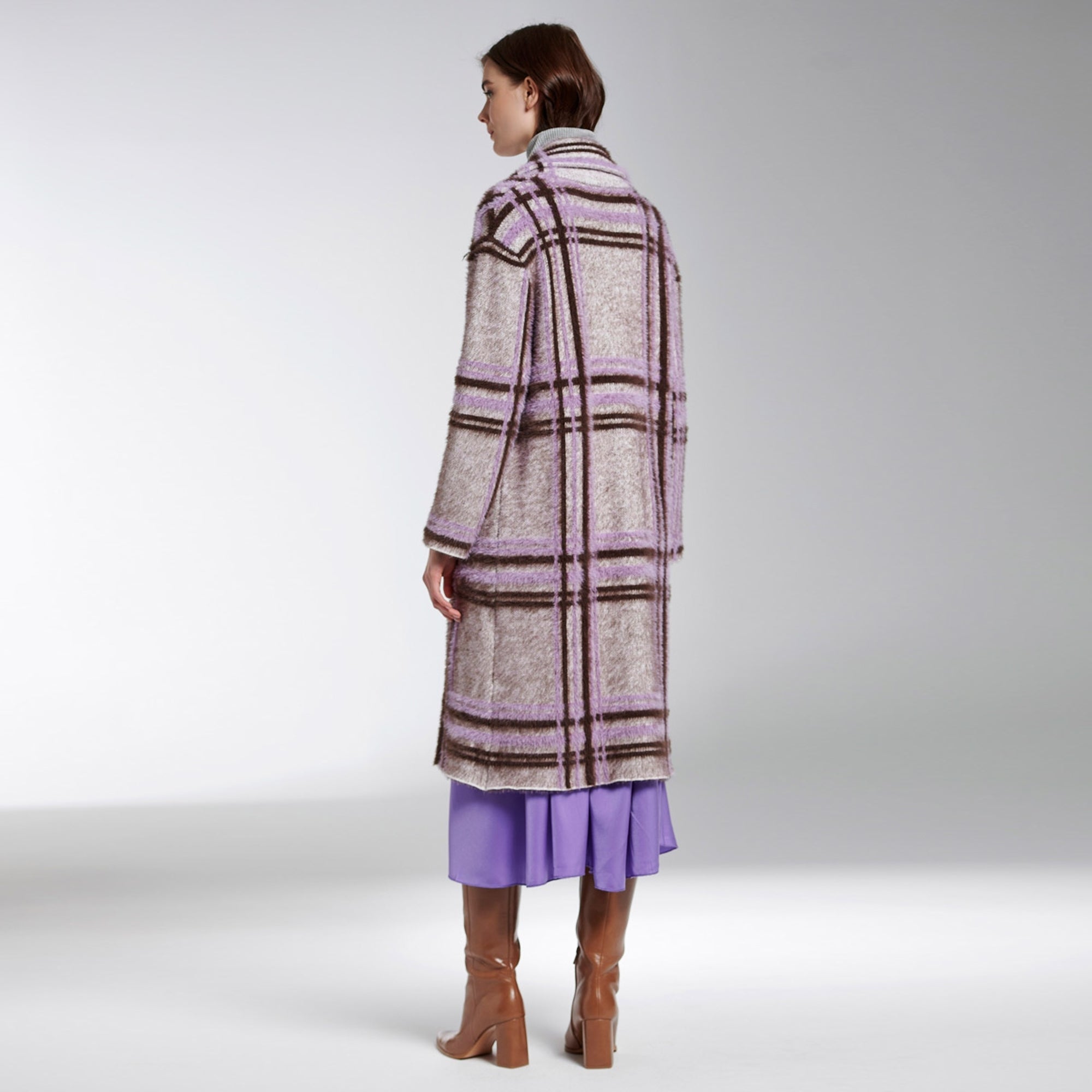 Sally lilac and chocolate checked midi length knitted coatigan