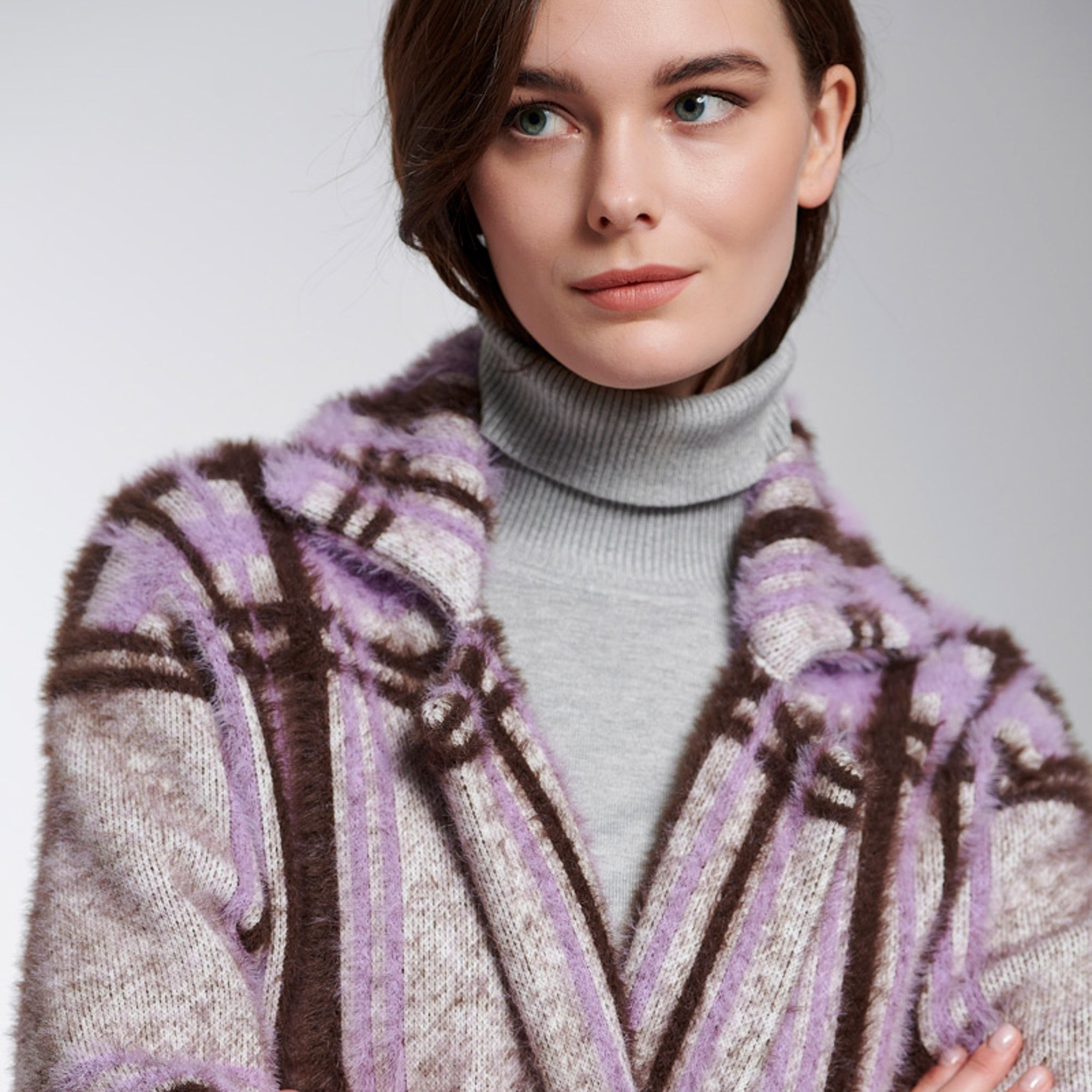 Sally lilac and chocolate checked midi length knitted coatigan