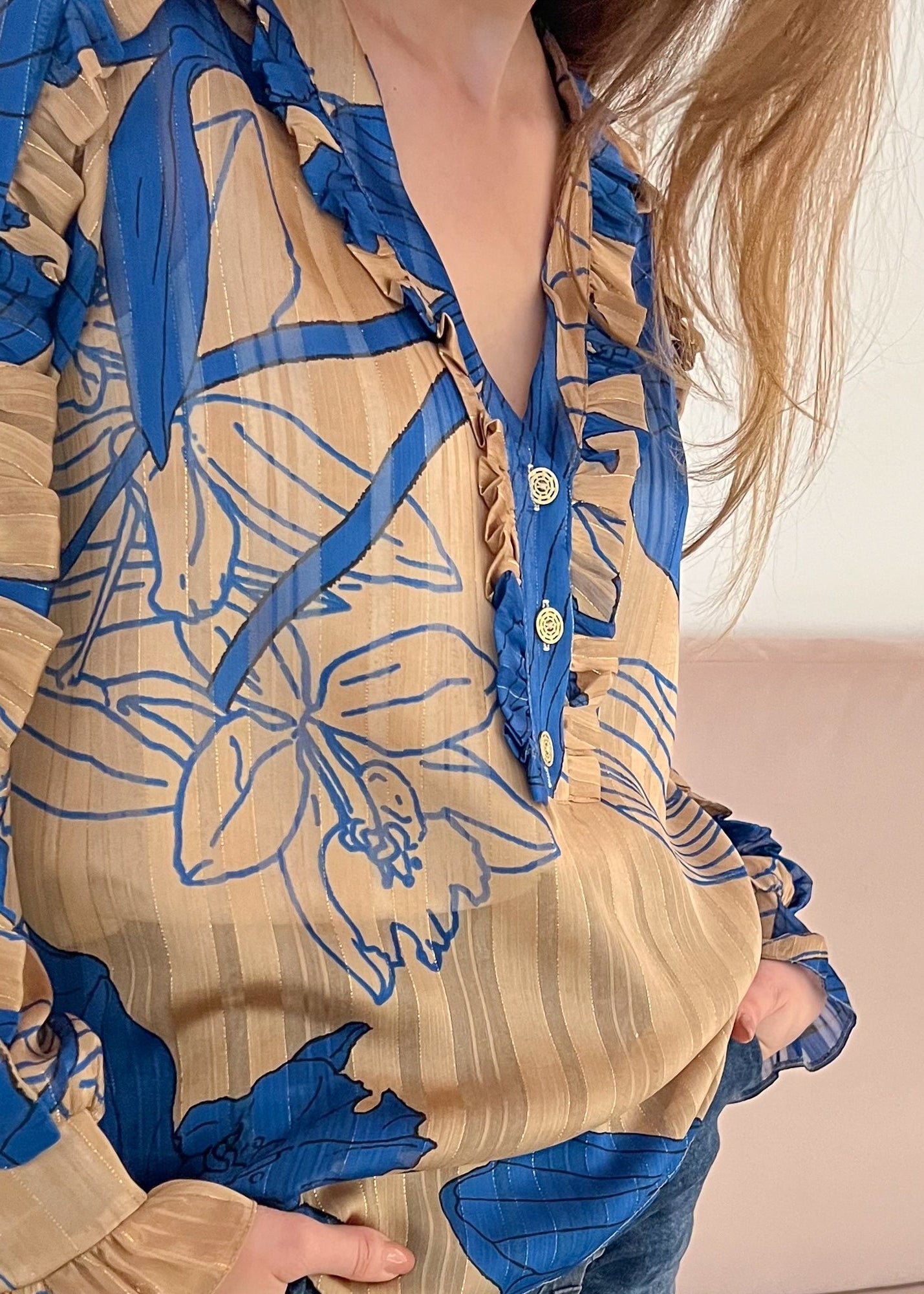 Tatiana blue printed soft chiffon blouse