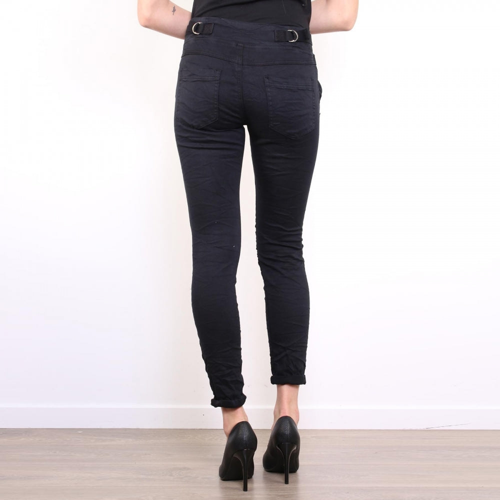 Missie stretch cotton black jogger ruched knee jean