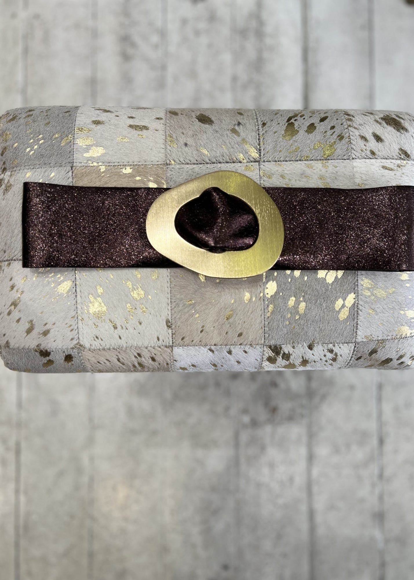 Metallic choc leather gold tone buckle belt