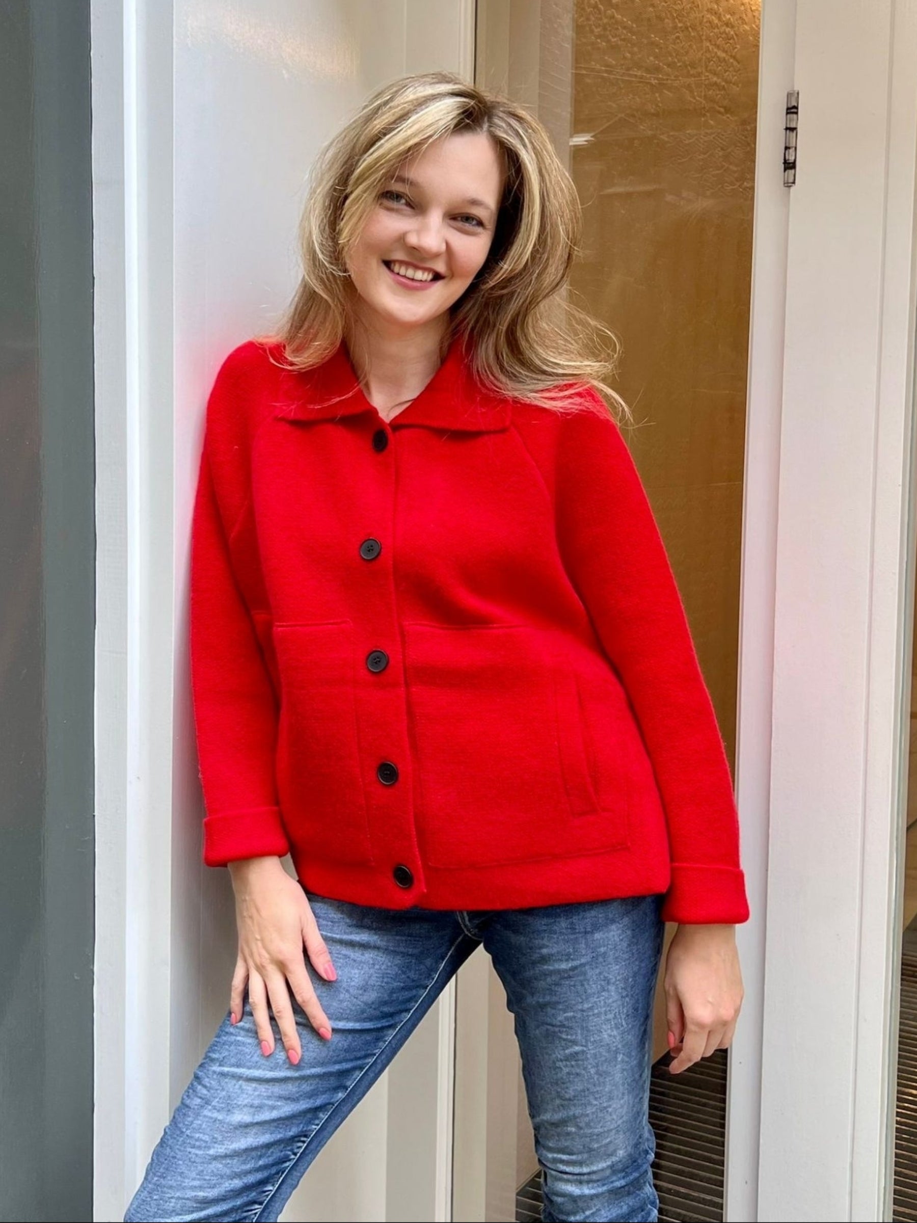 Penny red cashmere blend knit button jacket