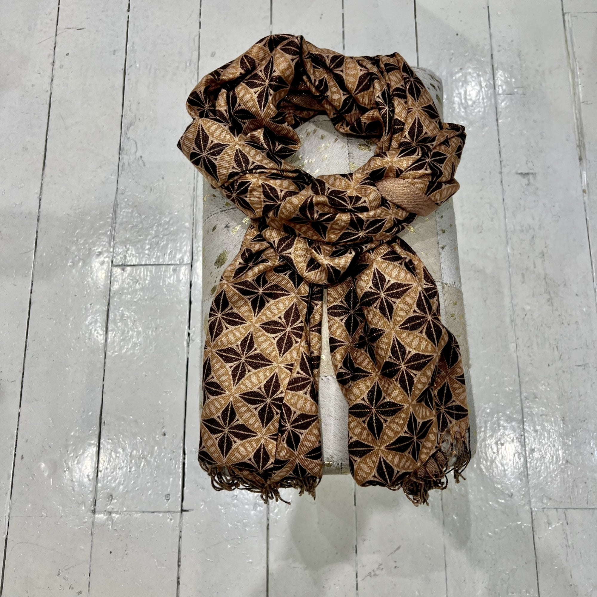 Flower circle camel colour wool blend tassle trim printed scarf