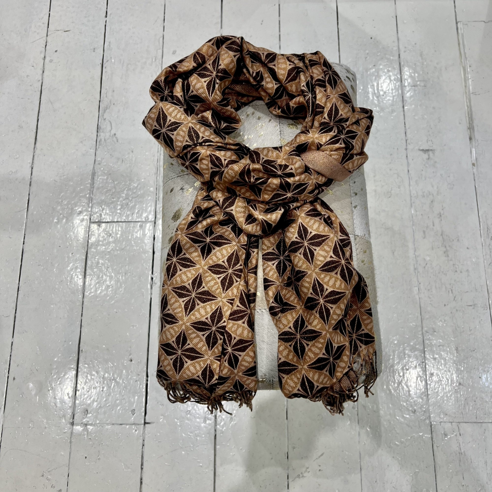 Flower circle camel colour wool blend tassle trim printed scarf