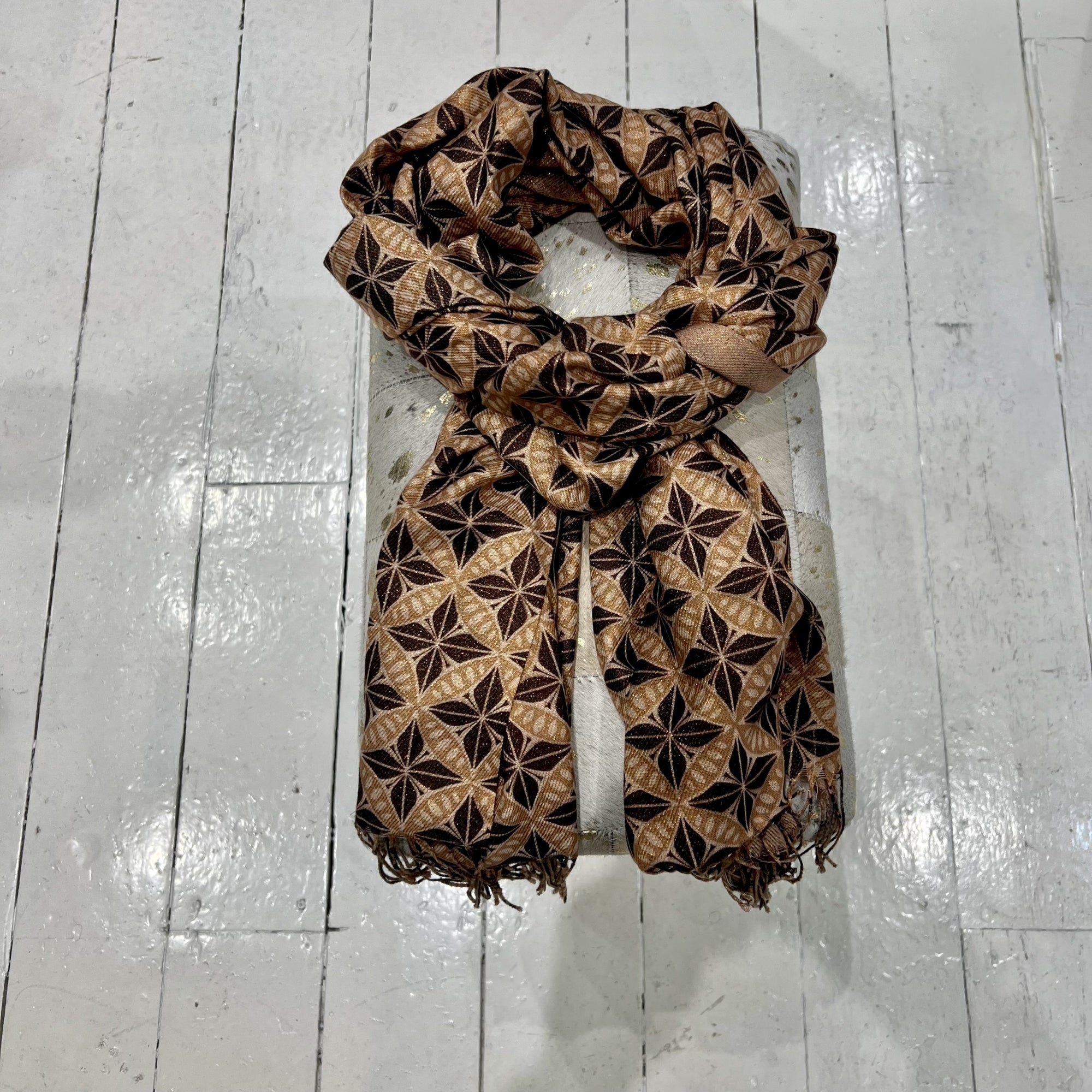 Flower circle camel colour wool blend tassle trim printed scarf